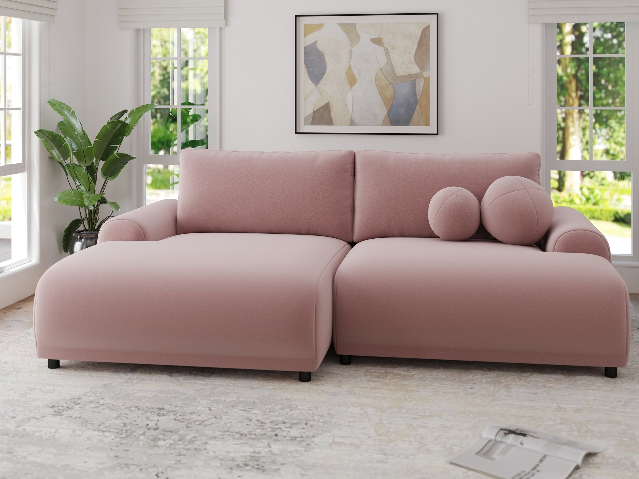 Colțar extensibil dumonde cu ladă de depozitare și șezut confortabil din spumă HR, Carlo Royal Roz 240x145 cm