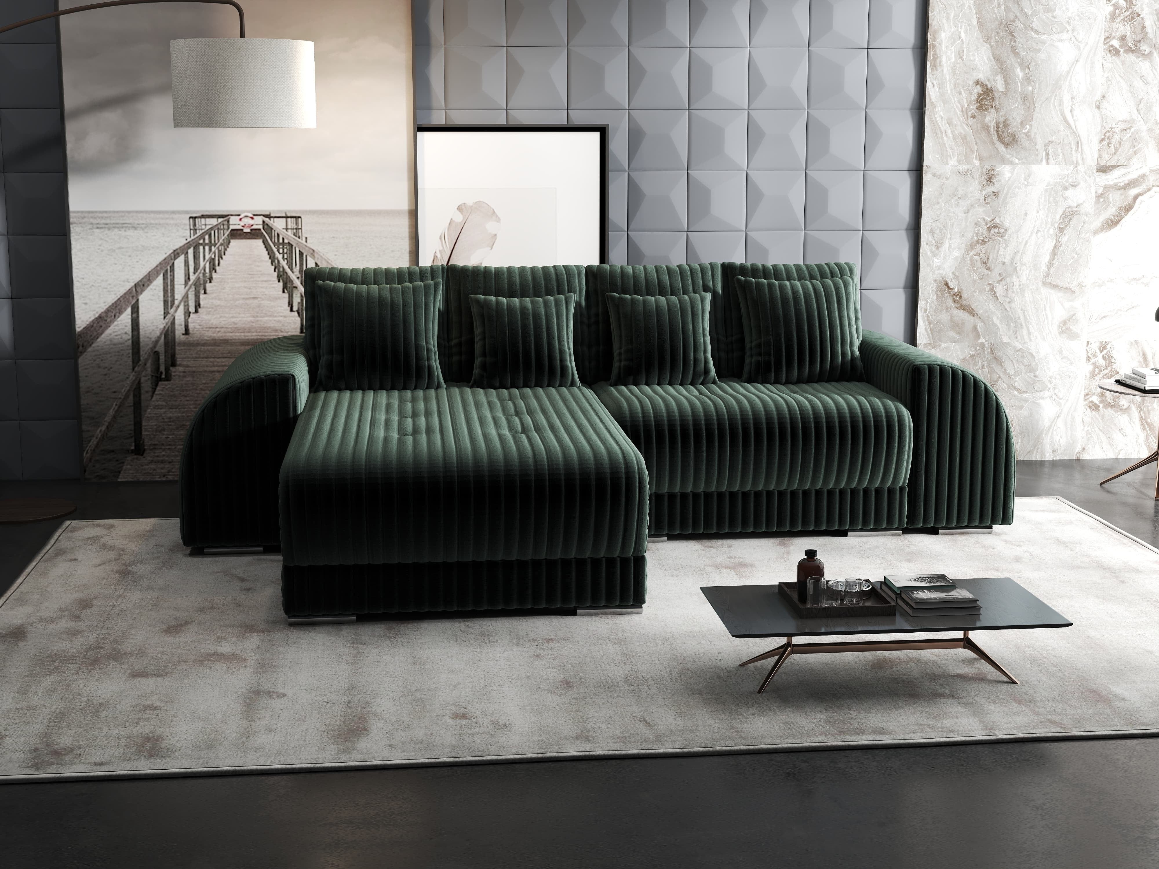 Colțar extensibil dumonde cu ladă de depozitare si sezut confortabil din spuma HR, Verona Ambience Verde 290x185 cm Fabrica