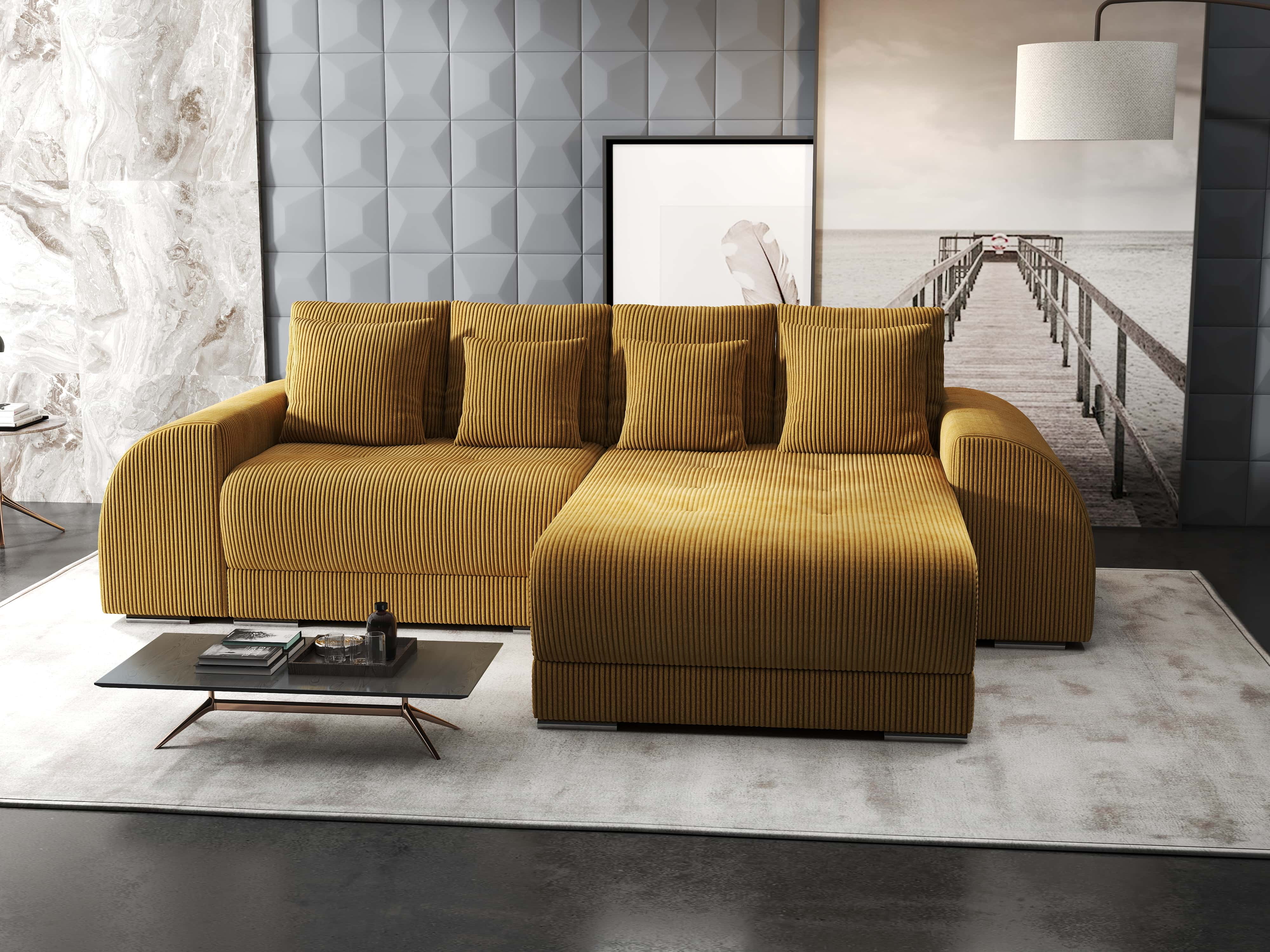 Colțar extensibil dumonde cu ladă de depozitare si sezut confortabil din spuma HR, Verona Zoom Mustar II 290x185 cm Fabrica