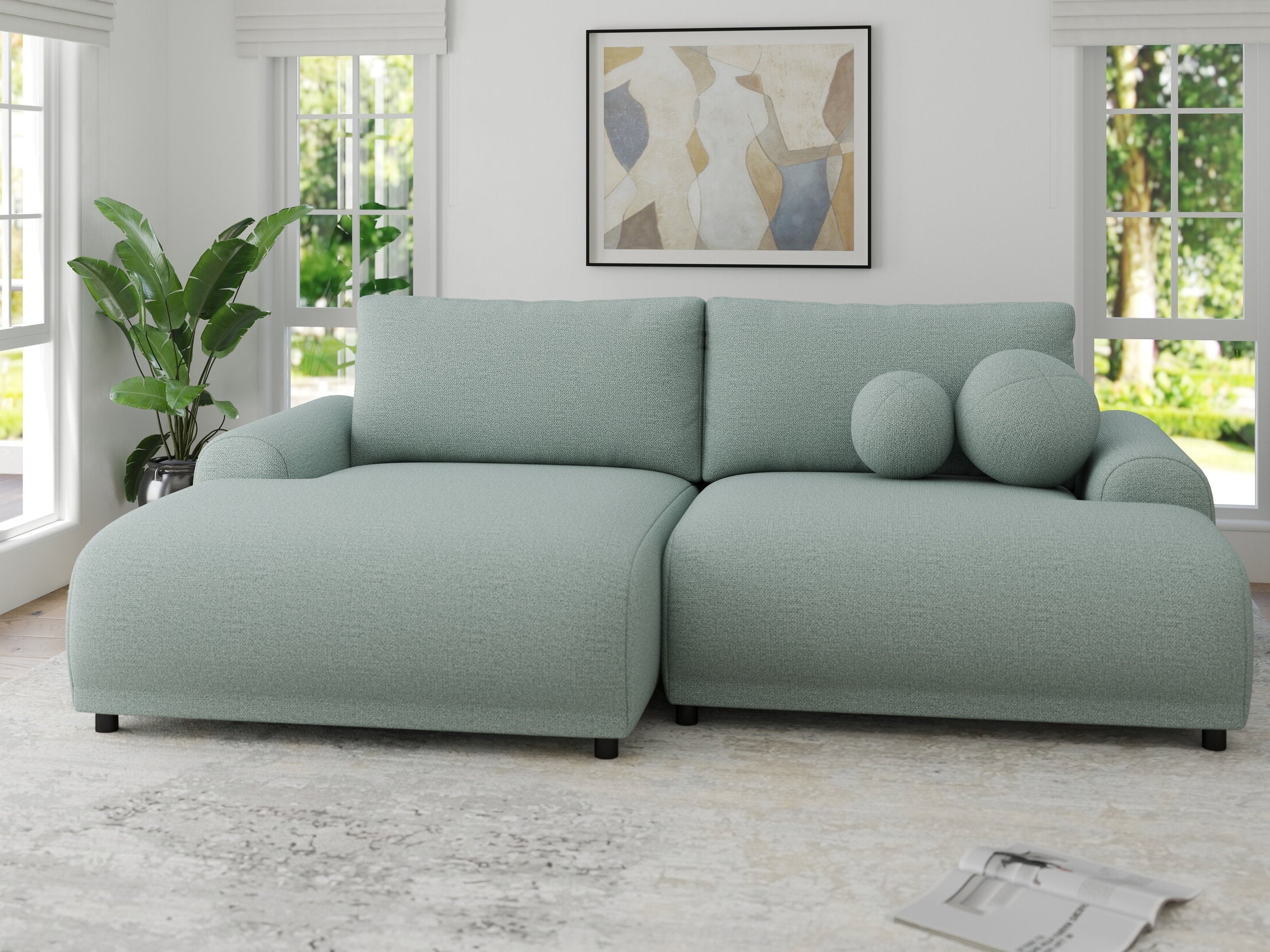 Colțar extensibil dumonde cu ladă de depozitare și șezut confortabil din spumă HR, Carlo Enjoy Verde Mint 240x145 cm