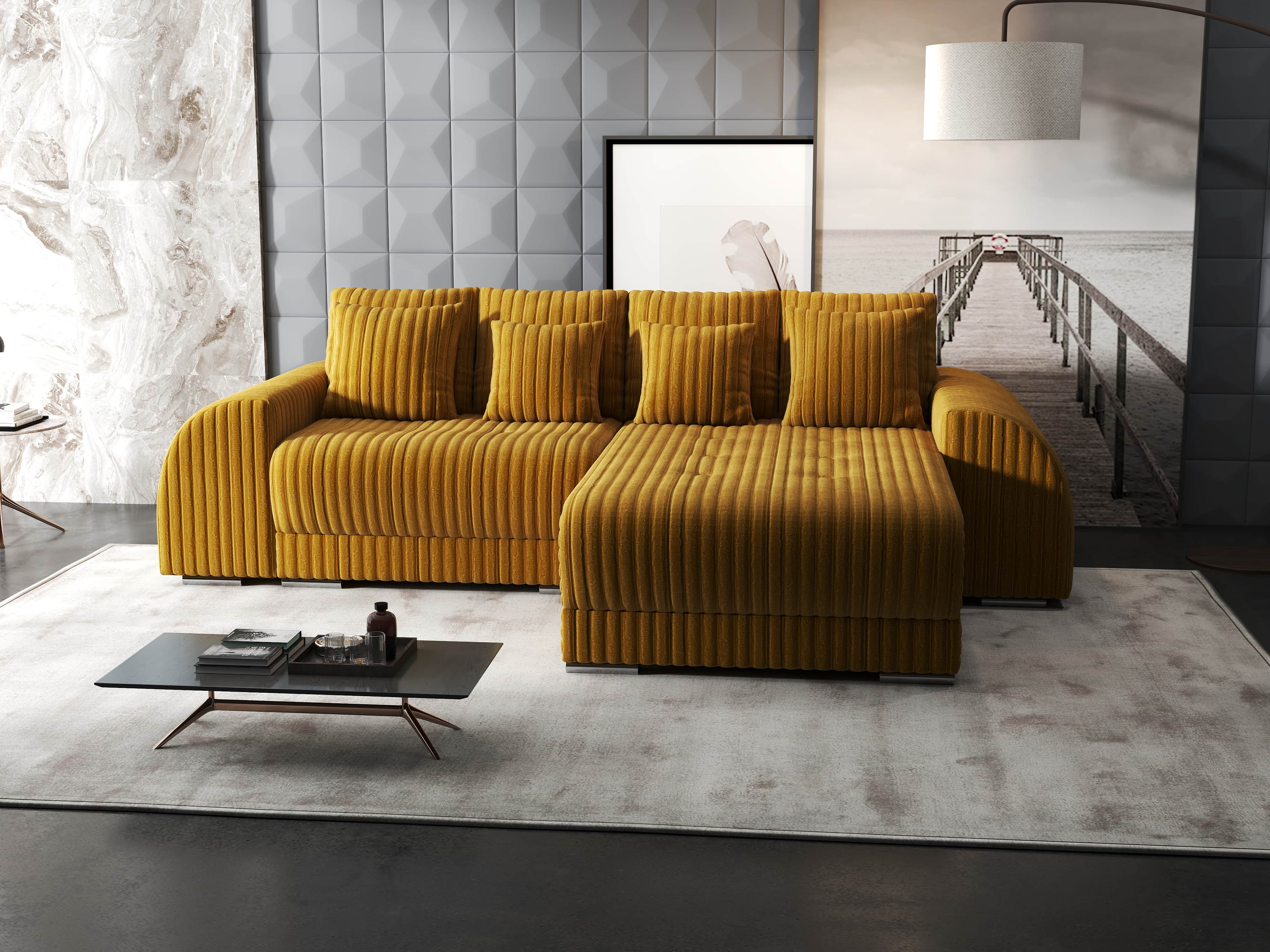 Colțar extensibil dumonde cu ladă de depozitare si sezut confortabil din spuma HR, Verona Ambience Mustar II 290x185 cm Fabrica