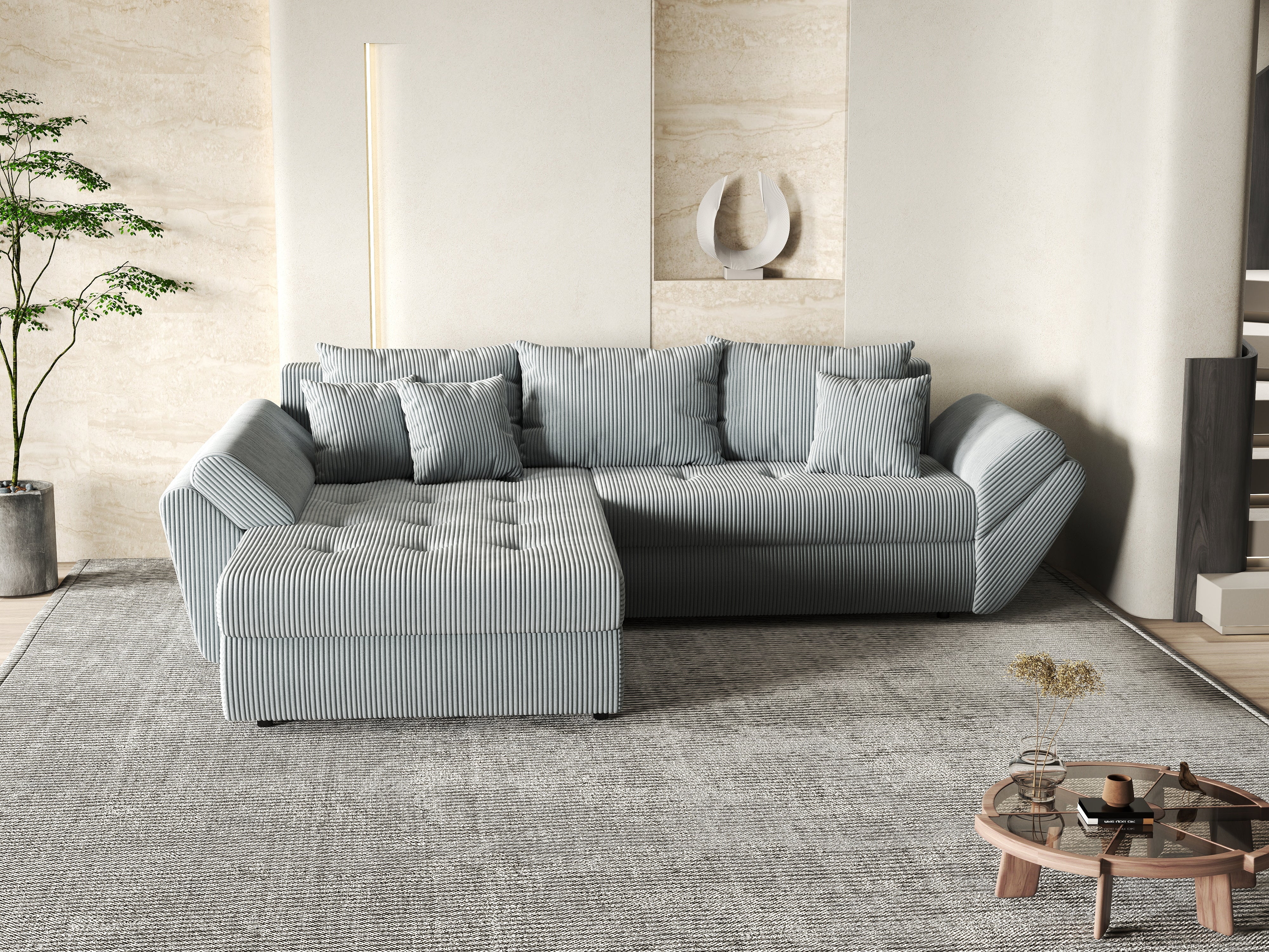 Colțar extensibil dumonde cu ladă de depozitare si sezut confortabil din spuma HR, Loana Zoom Grey 270x185 cm Fabrica