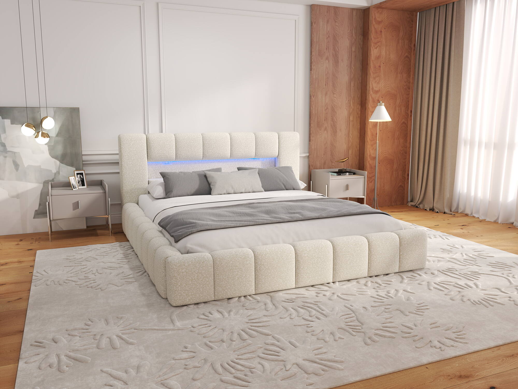 Pat dormitor dumonde, tapitat bej, Palermo 180x200 cm, somiera rabatabila inclusa, spatiu depozitare