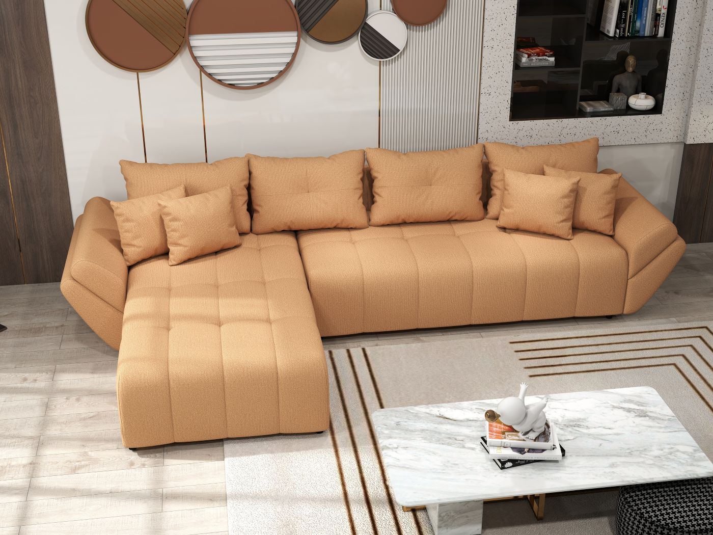 Colțar extensibil dumonde cu ladă de depozitare si sezut confortabil din spuma HR, Berlin XL Enjoy Mango 350x185 cm II Fabrica