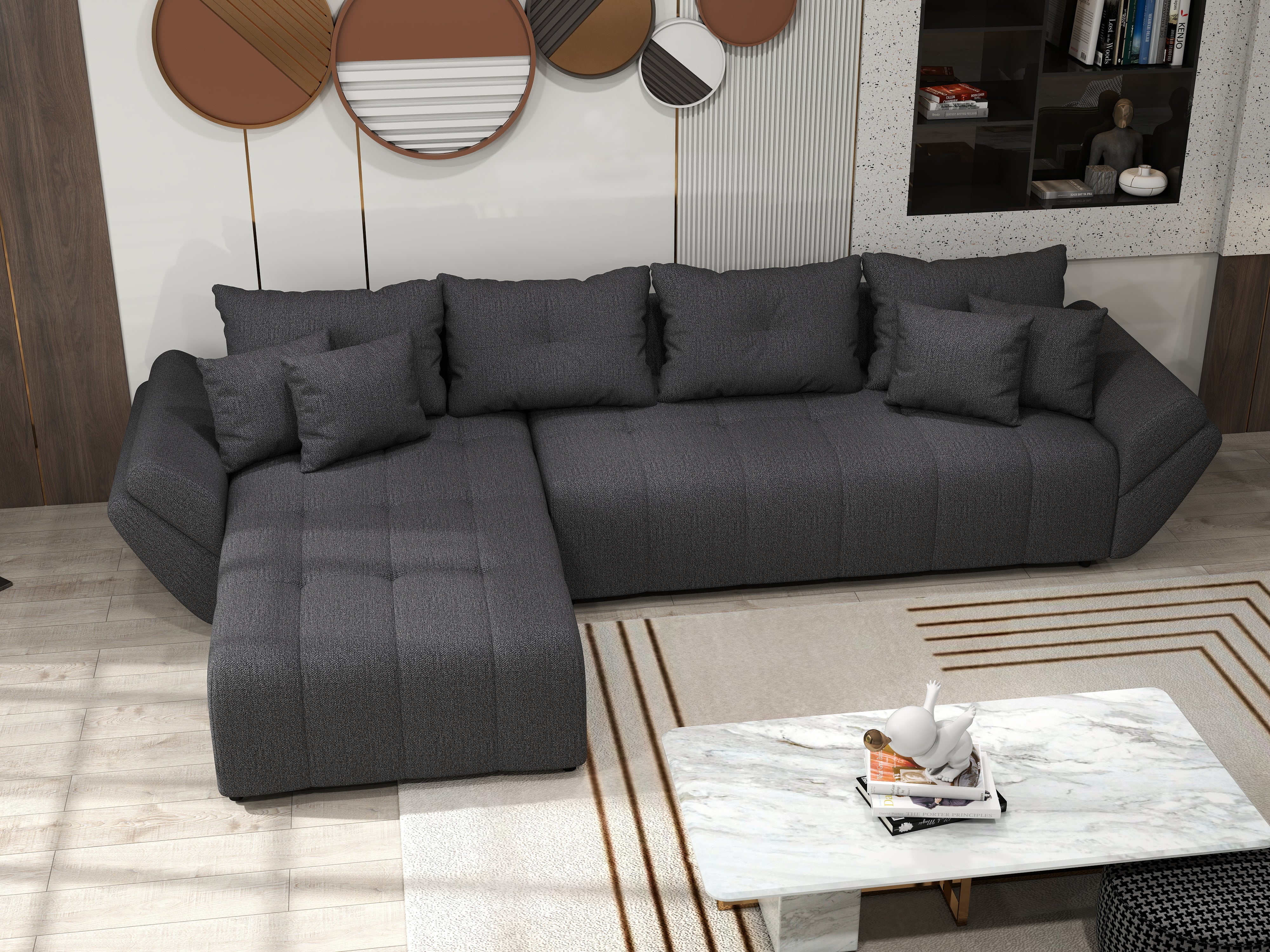 Colțar extensibil dumonde cu ladă de depozitare si sezut confortabil din spuma HR, Berlin XL Enjoy Graphite 350x185 cm Fabrica