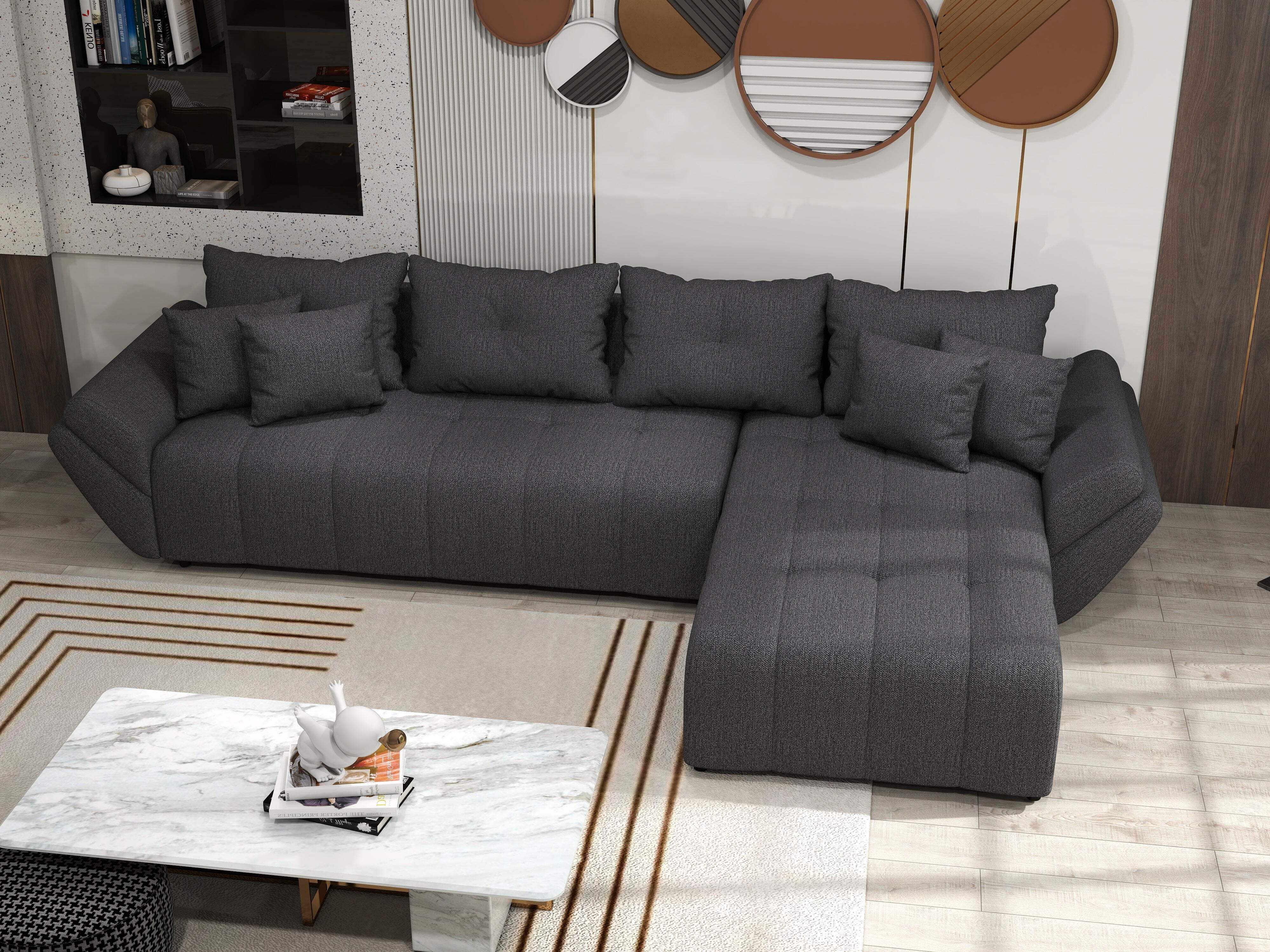 Colțar extensibil dumonde cu ladă de depozitare si sezut confortabil din spuma HR, Berlin XL Enjoy Graphite 350x185 cm Fabrica