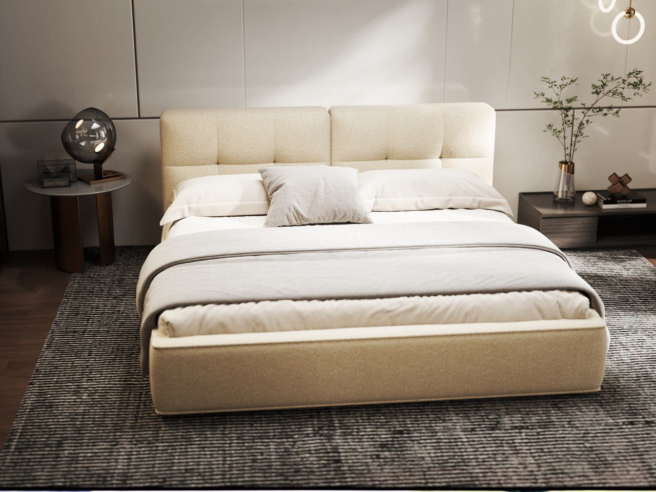 Pat dormitor dumonde, tapitat bej, Madrid 160x200 cm, somiera rabatabila inclusa, spatiu depozitare WLS