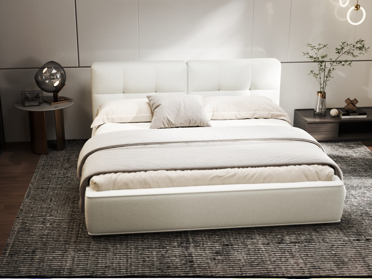 Pat dormitor dumonde, tapitat alb, Madrid 160x200 cm, somiera rabatabila inclusa, spatiu depozitare WLS