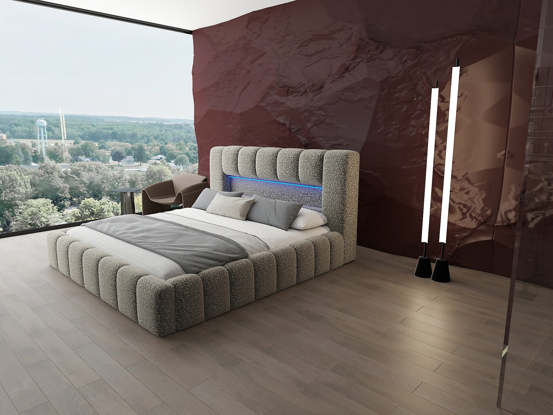 Pat dormitor dumonde, tapitat bej cu LED si USB, Palermo 160x200 cm, somiera rabatabila inclusa, spatiu depozitare