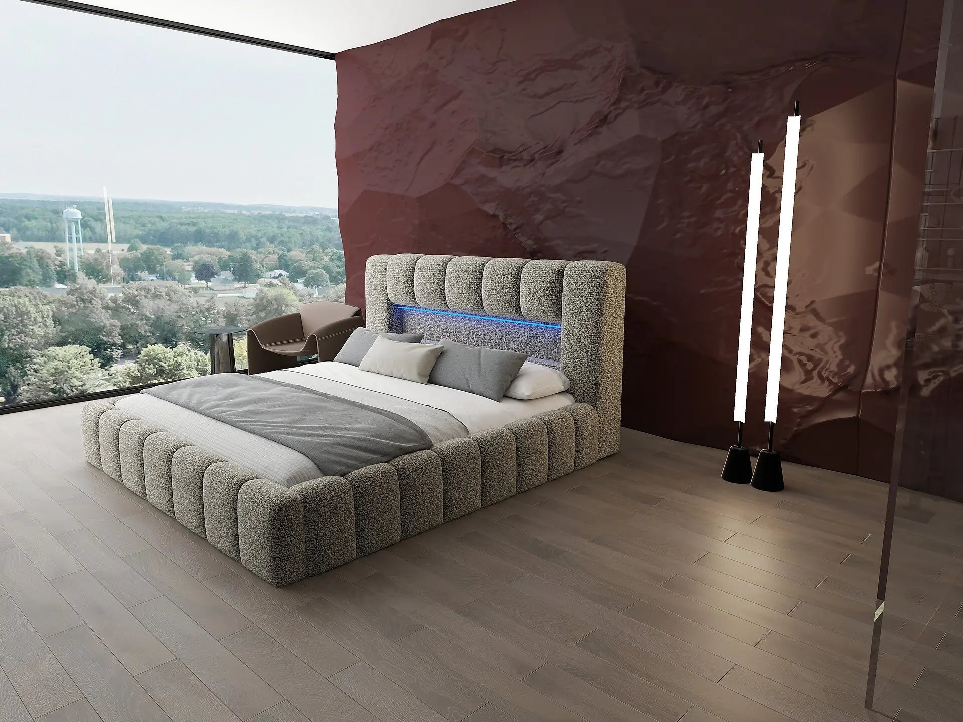 Pat dormitor dumonde, tapitat bej cu LED si USB, Palermo 160x200 cm, somiera rabatabila inclusa, spatiu depozitare WLS