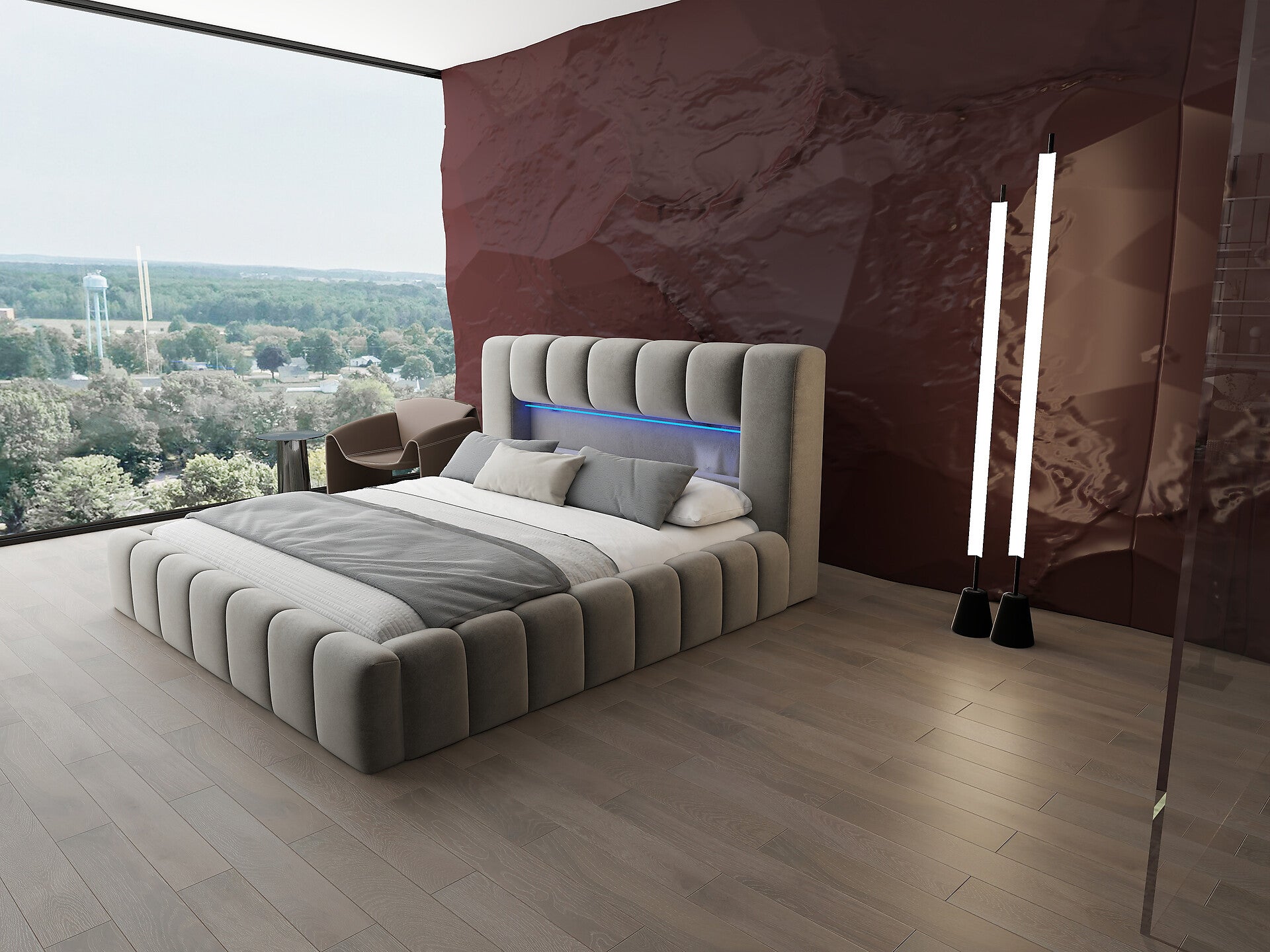 Pat dormitor dumonde, tapitat bej cu LED si USB, Palermo 140x200 cm, somiera rabatabila inclusa, spatiu depozitare