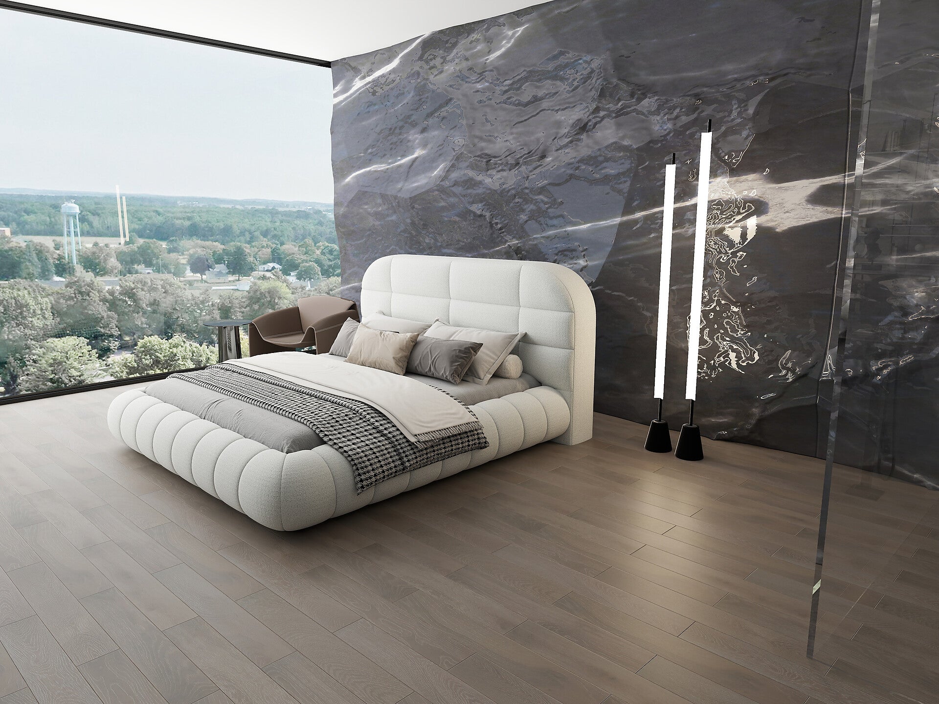 Pat dormitor dumonde, tapitat alb, Senso 160x200 cm, somiera rabatabila inclusa, spatiu depozitare