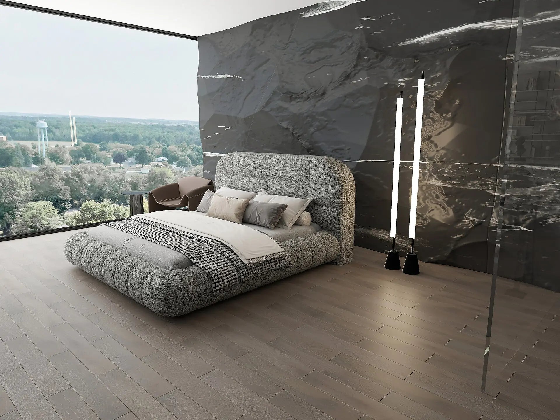 Pat dormitor dumonde, tapitat gri, Senso 180x200 cm, somiera rabatabila inclusa, spatiu depozitare WLS