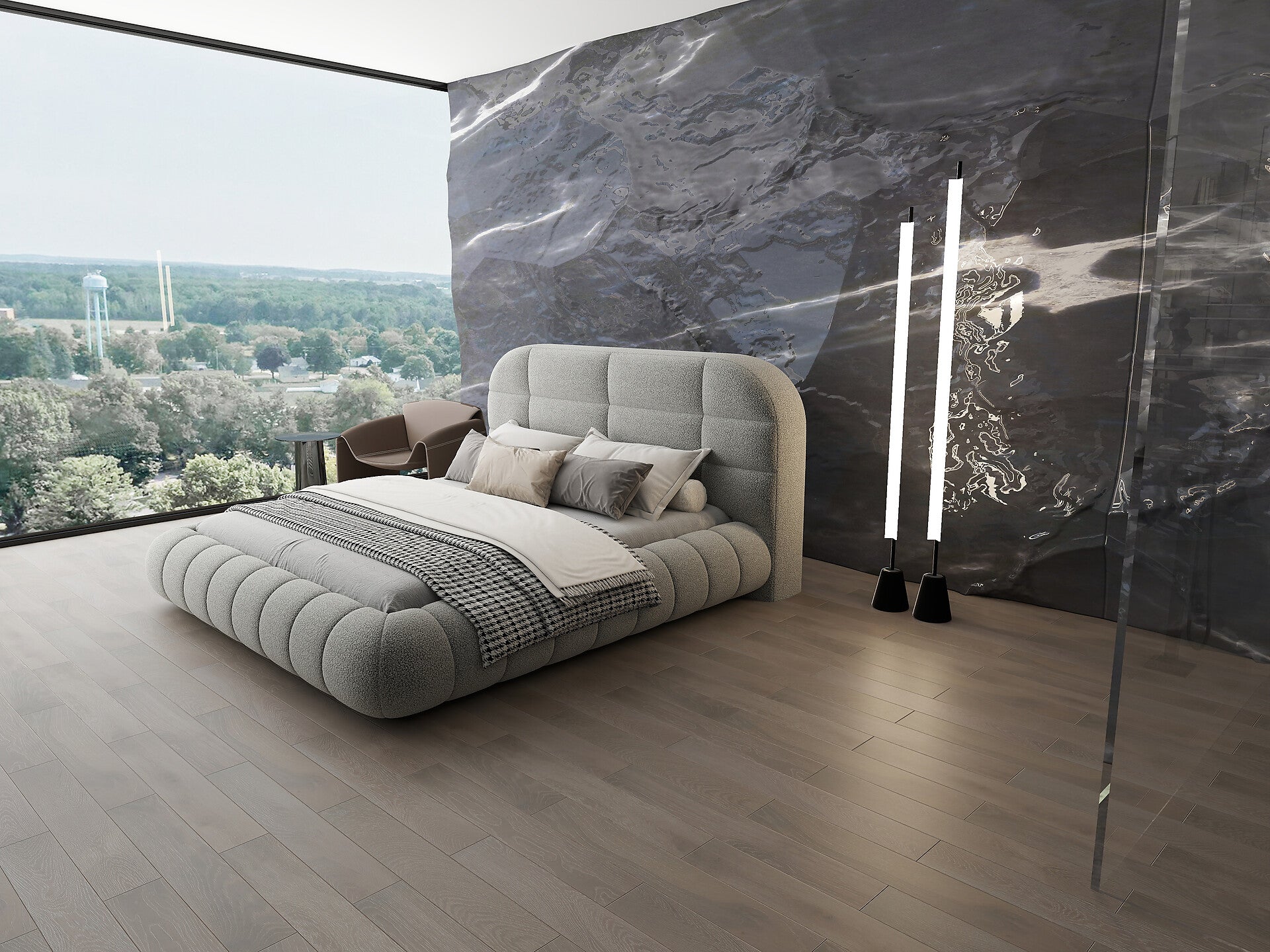 Pat dormitor dumonde, tapitat gri, Senso 160x200 cm, somiera rabatabila inclusa, spatiu depozitare