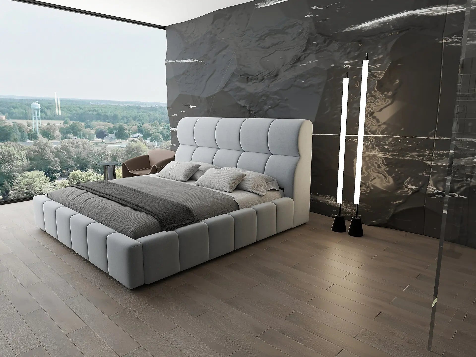 Pat dormitor dumonde, tapitat gri, Prestige 160x200 cm, somiera rabatabila inclusa, spatiu depozitare WLS