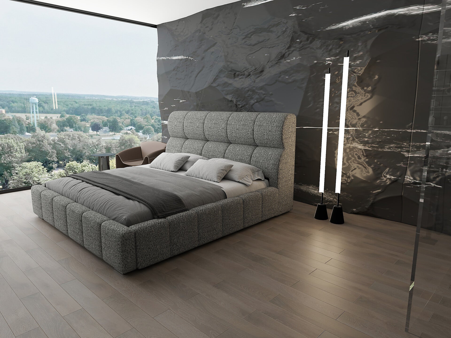 Pat dormitor dumonde, tapitat bej, Prestige 180x200 cm, somiera rabatabila inclusa, spatiu depozitare