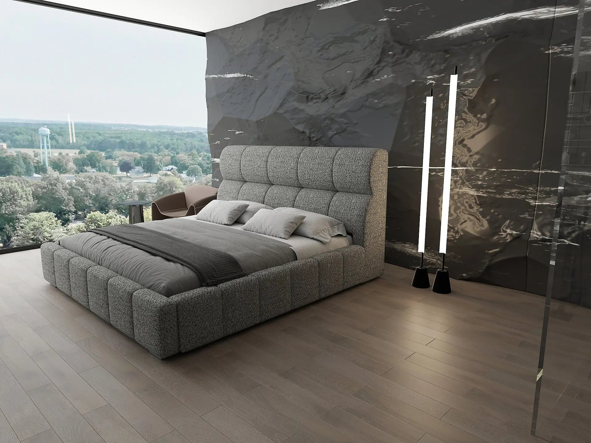 Pat dormitor dumonde, tapitat bej, Prestige 180x200 cm, somiera rabatabila inclusa, spatiu depozitare WLS