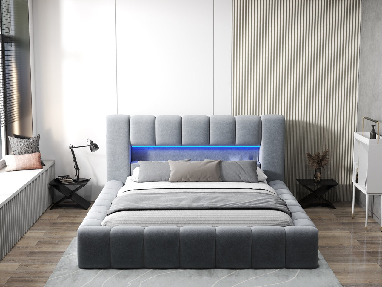 Pat dormitor dumonde, tapitat gri cu LED si USB, Palermo 160x200 cm, somiera rabatabila inclusa, spatiu depozitare WLS