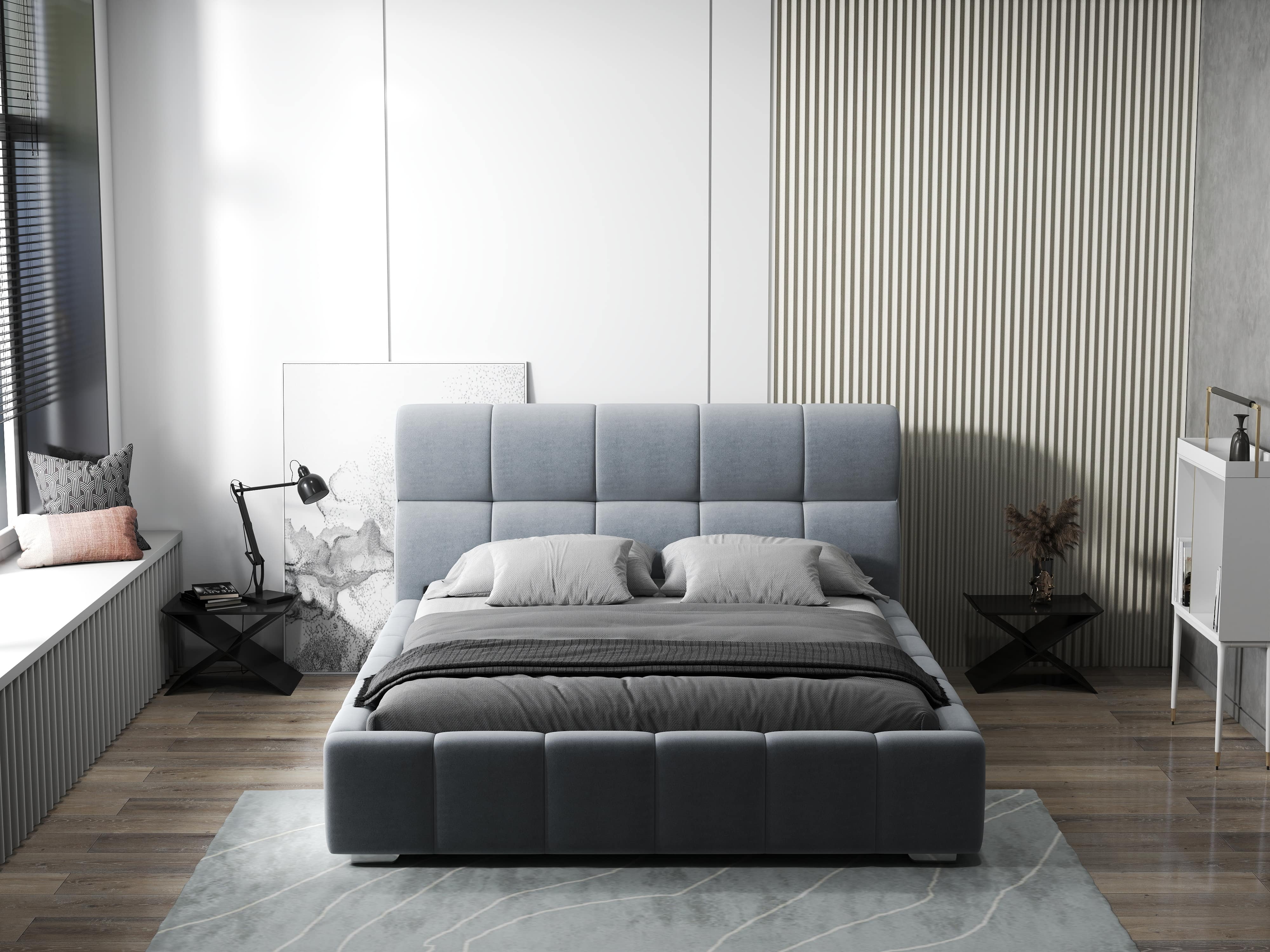 Pat dormitor dumonde, tapitat gri, Prestige 160x200 cm, somiera rabatabila inclusa, spatiu depozitare WLS