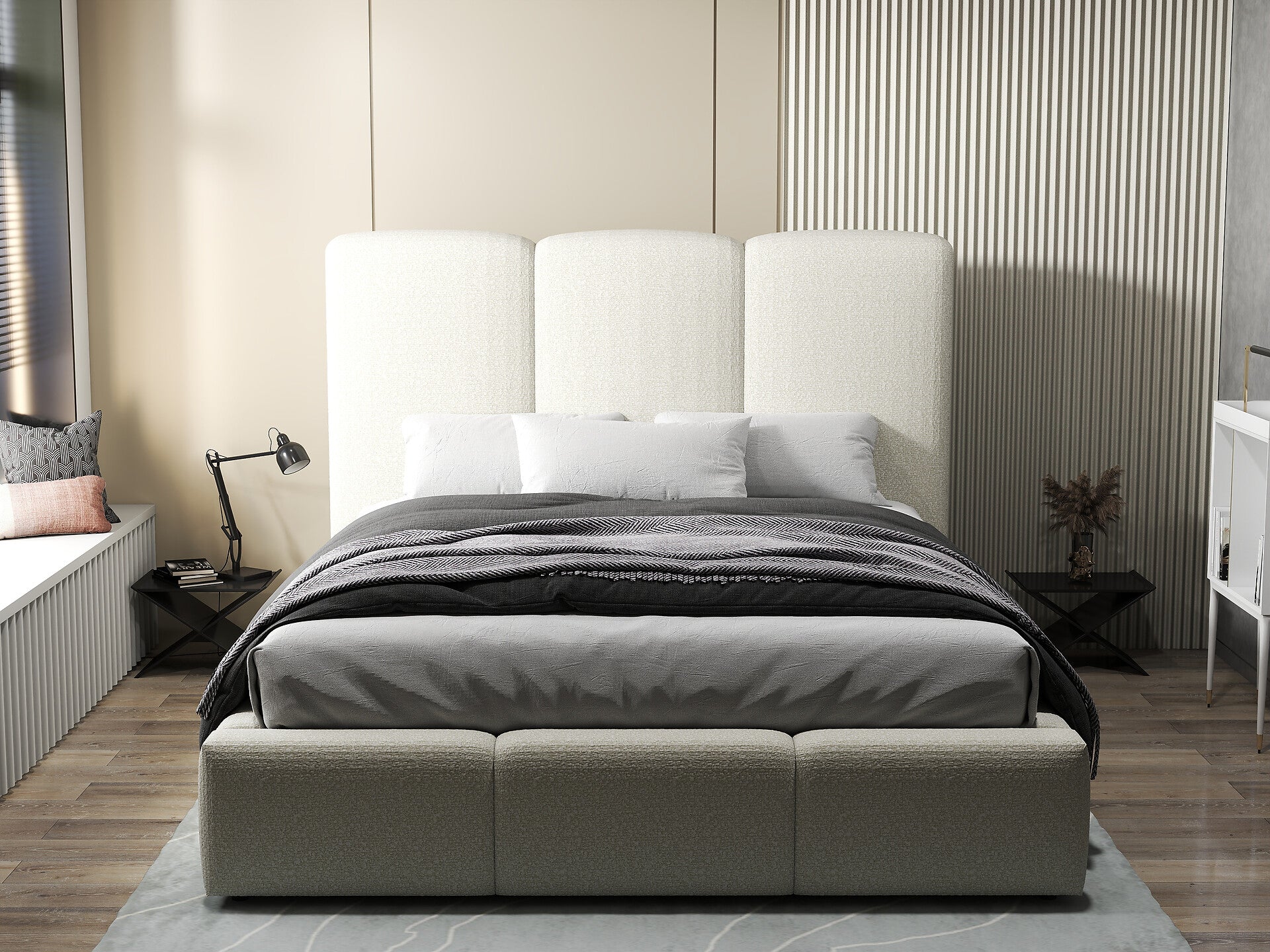 Pat dormitor dumonde, tapitat bej, Dinasty 160x200 cm, somiera rabatabila inclusa, spatiu depozitare