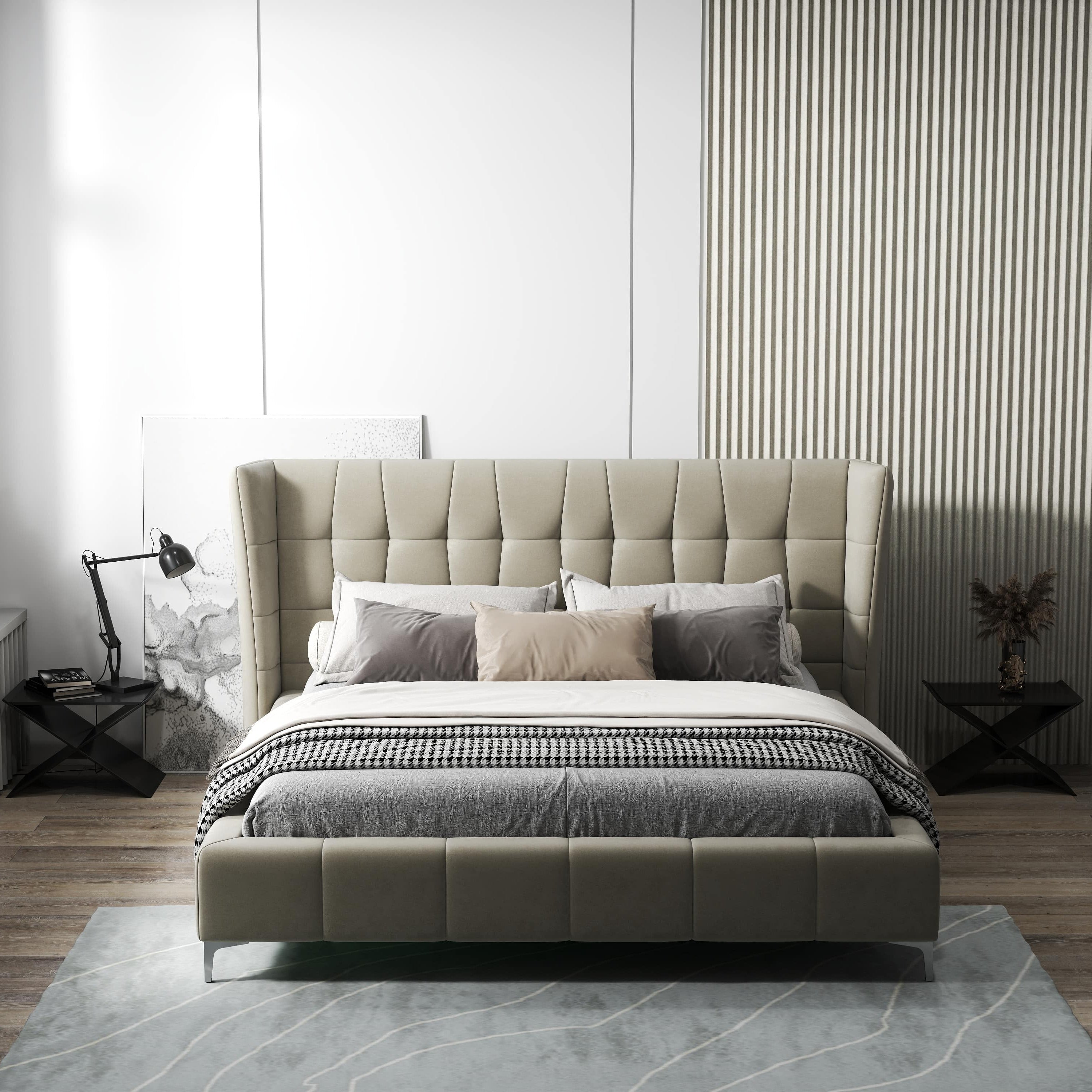 Pat dormitor dumonde, tapitat bej, Bellagio 180x200 cm, somiera fixa inclusa WLS