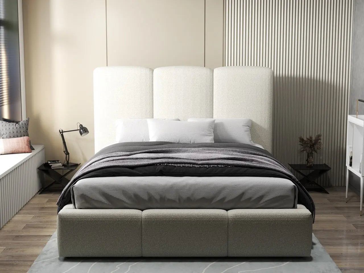 Pat dormitor dumonde, tapitat bej, Dinasty 180x200 cm, somiera rabatabila inclusa, spatiu depozitare WLS