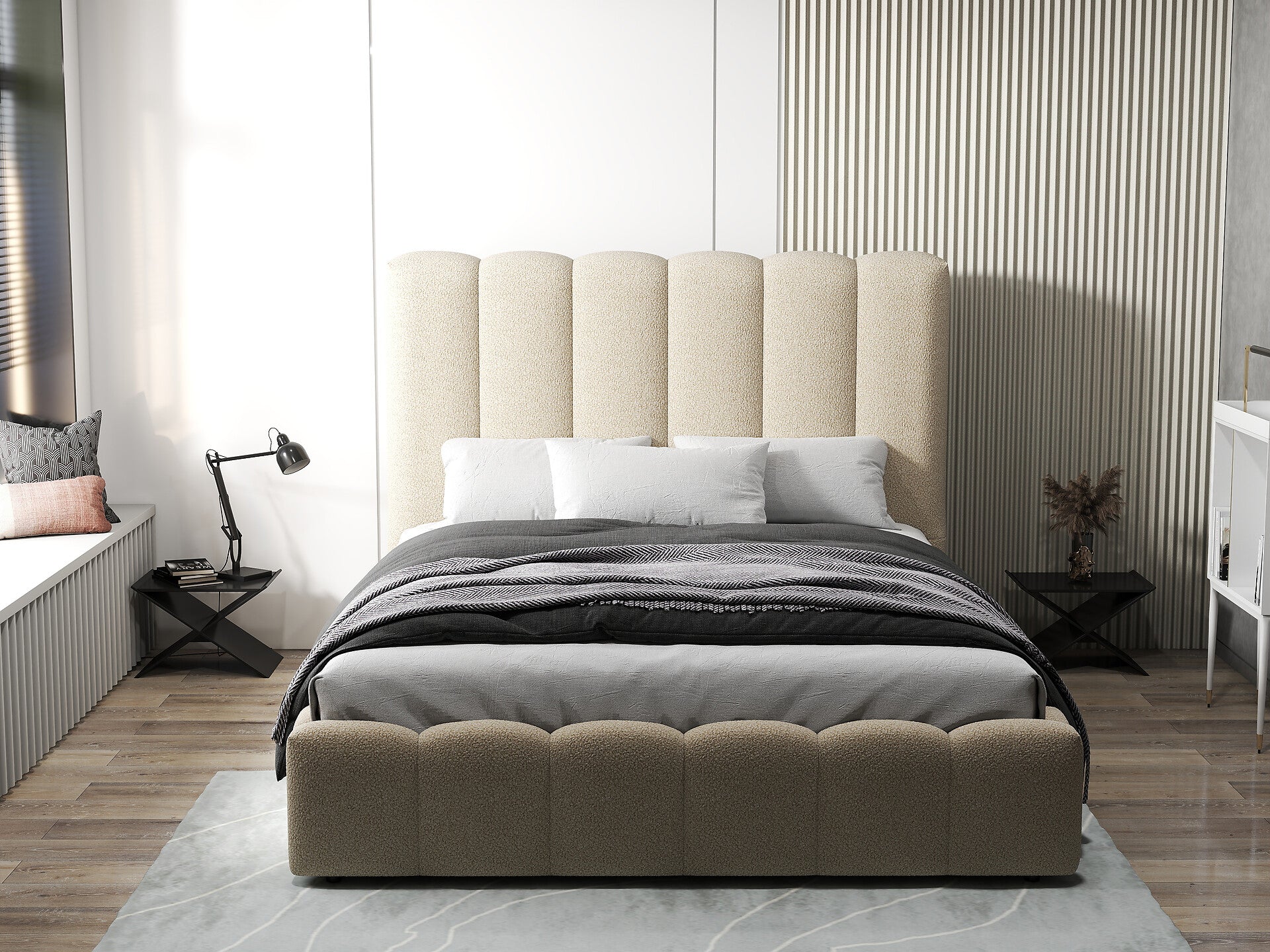 Pat dormitor dumonde, tapitat bej, Milano 160x200 cm, somiera rabatabila inclusa, spatiu depozitare