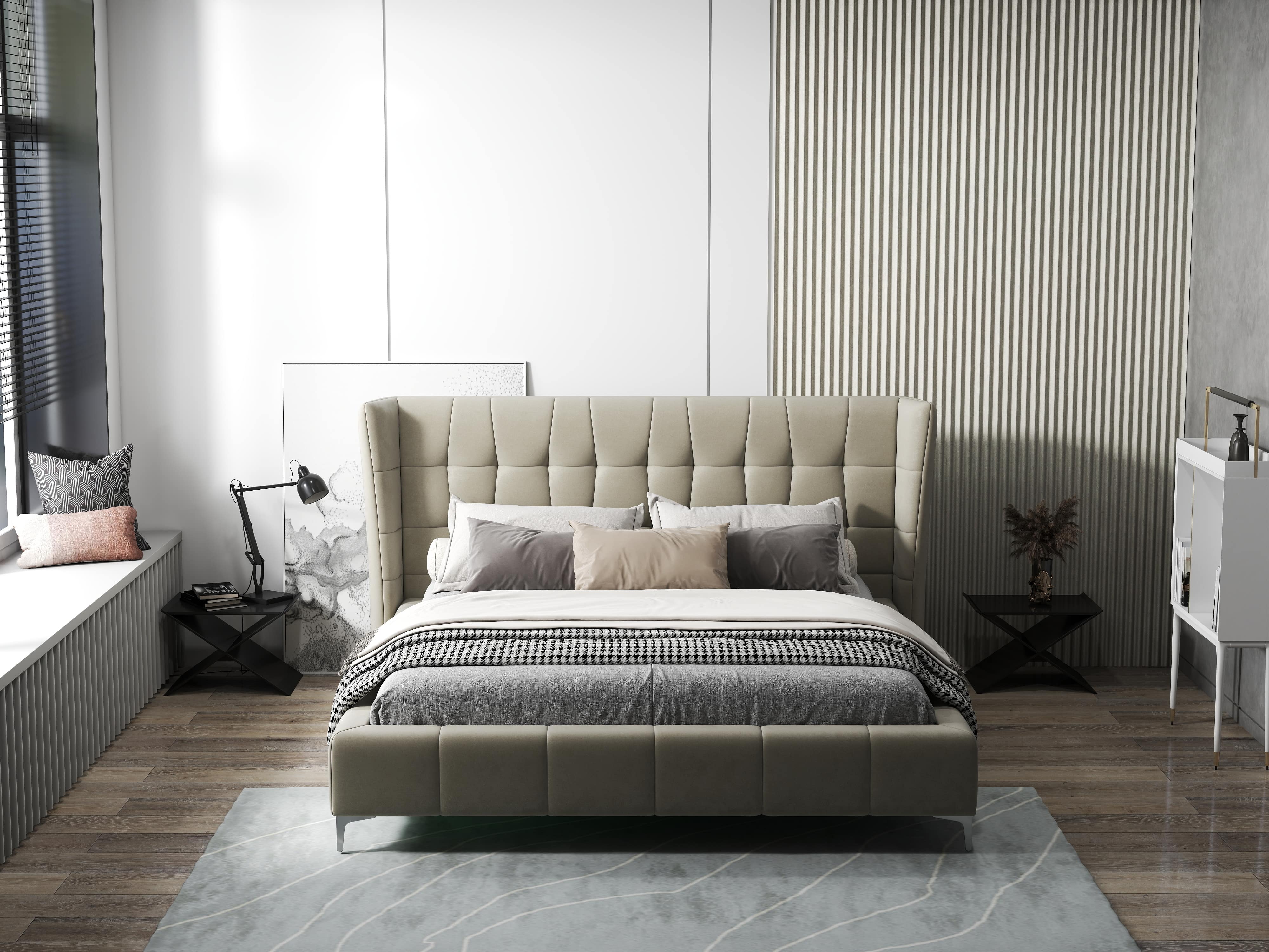 Pat dormitor dumonde, tapitat bej, Bellagio 160x200 cm, somiera fixa inclusa WLS