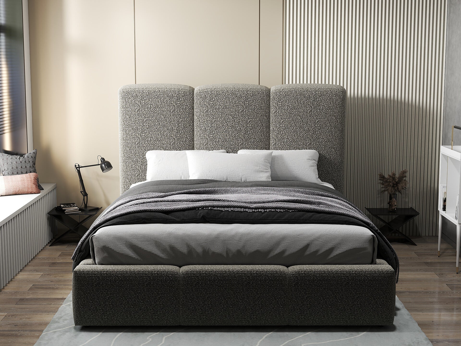 Pat dormitor dumonde, tapitat gri, Dinasty 160x200 cm, somiera rabatabila inclusa, spatiu depozitare