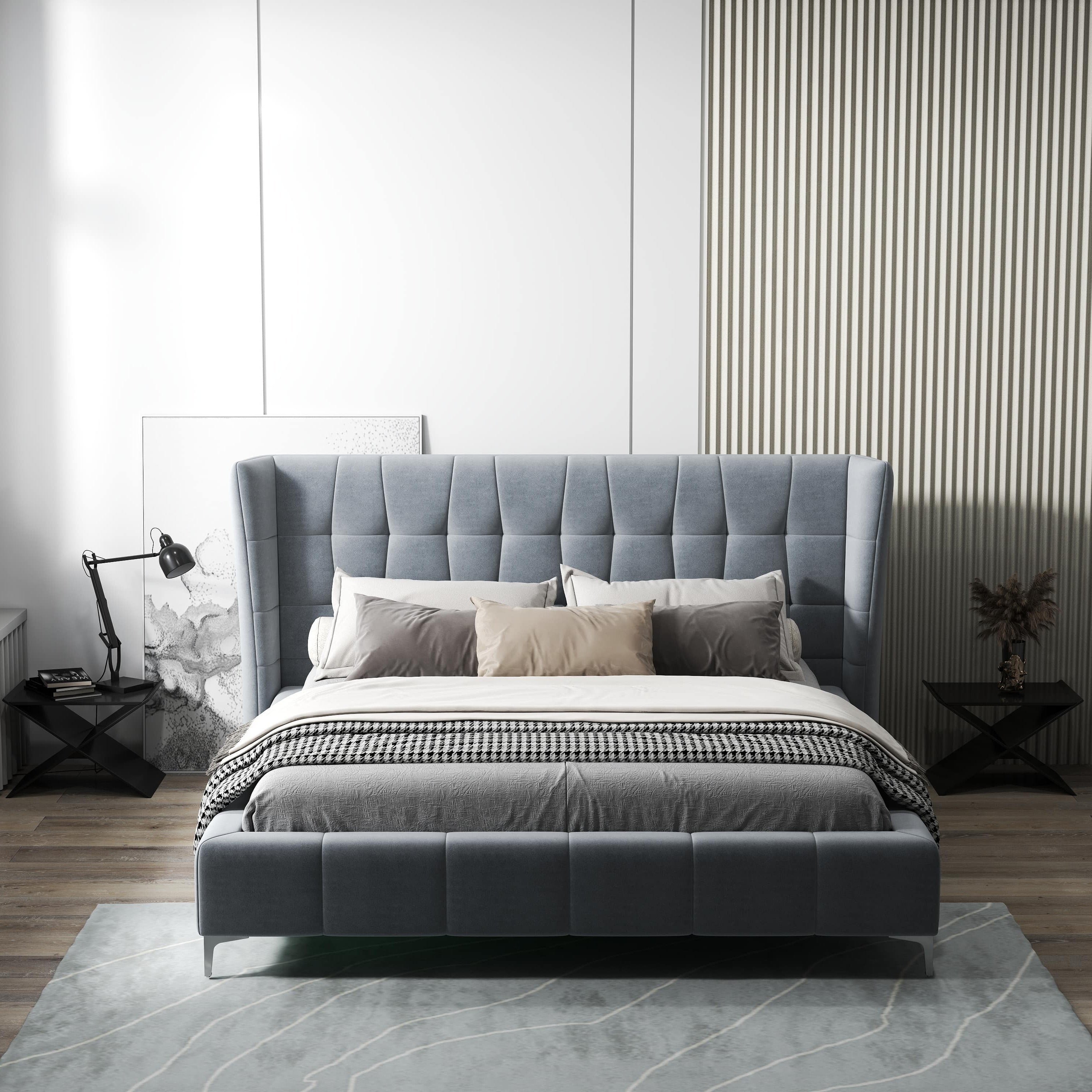 Pat dormitor dumonde, tapitat gri, Bellagio 160x200 cm, somiera fixa inclusa WLS