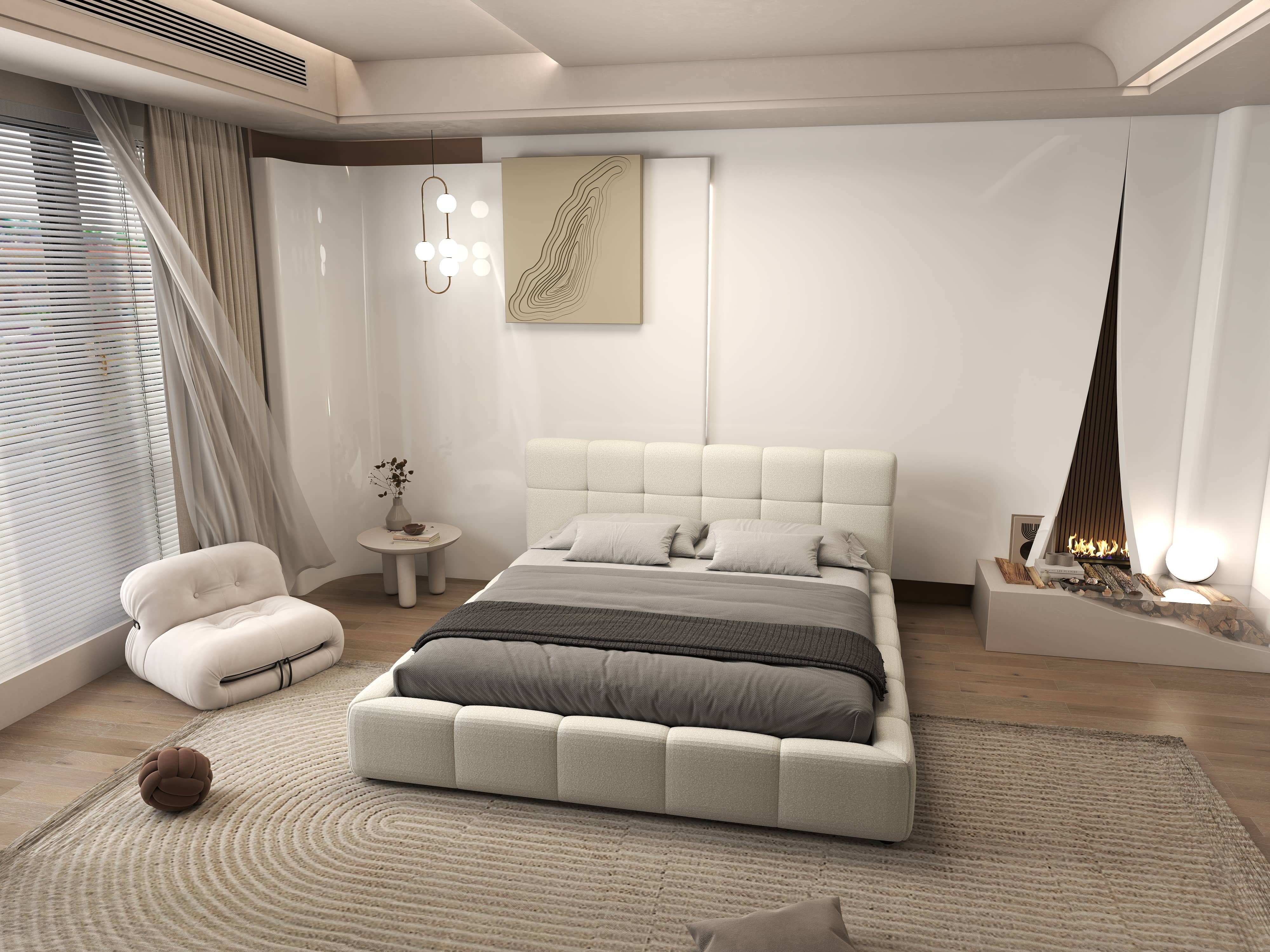 Pat dormitor dumonde, tapitat bej, Lorenzo 160x200 cm, somiera rabatabila inclusa, spatiu depozitare WLS