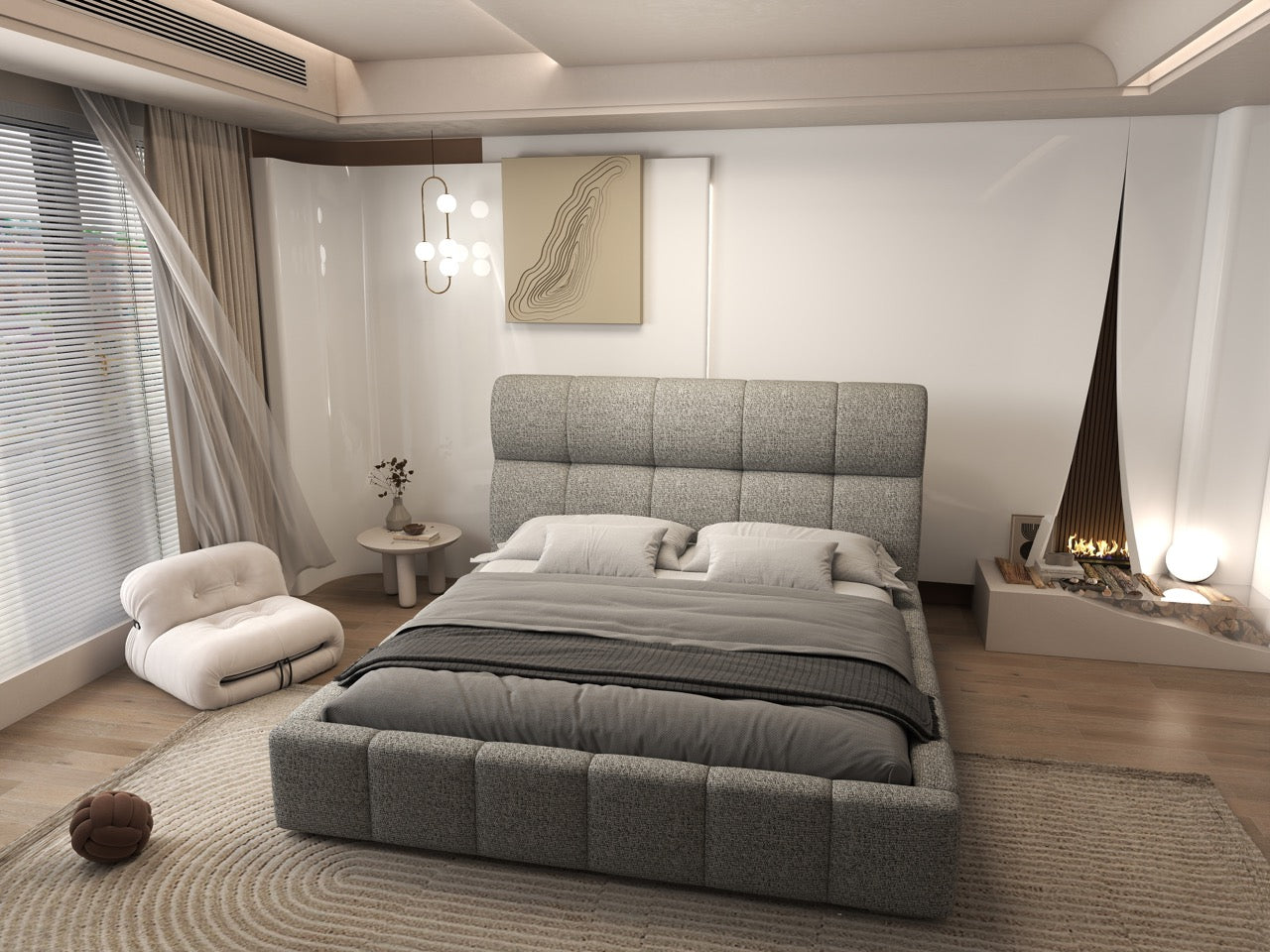 Pat dormitor dumonde, tapitat bej, Prestige 180x200 cm, somiera rabatabila inclusa, spatiu depozitare