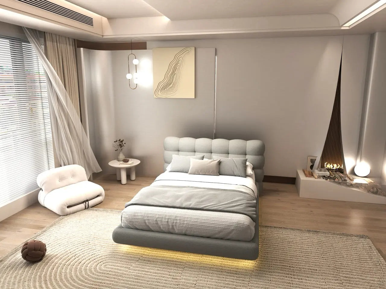 Pat dormitor dumonde, tapitat gri cu LED, "floating bed" Cloud 180x200 cm, somiera inclusa WLS