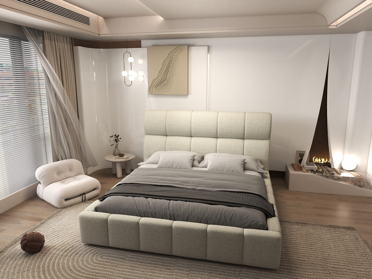 Pat dormitor dumonde, tapitat bej, Prestige 180x200 cm, somiera rabatabila inclusa, spatiu depozitare