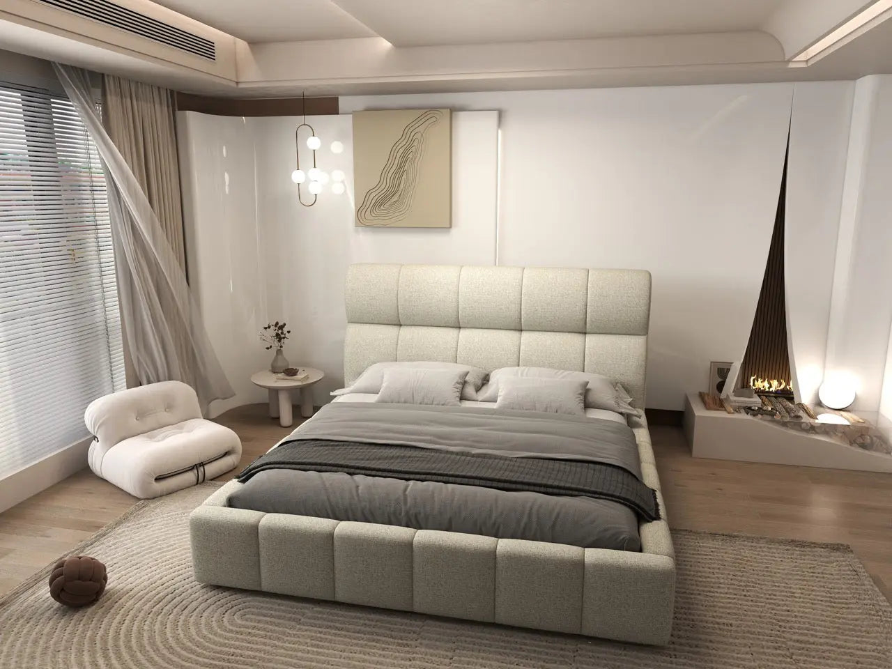 Pat dormitor dumonde, tapitat bej, Prestige 180x200 cm, somiera rabatabila inclusa, spatiu depozitare WLS