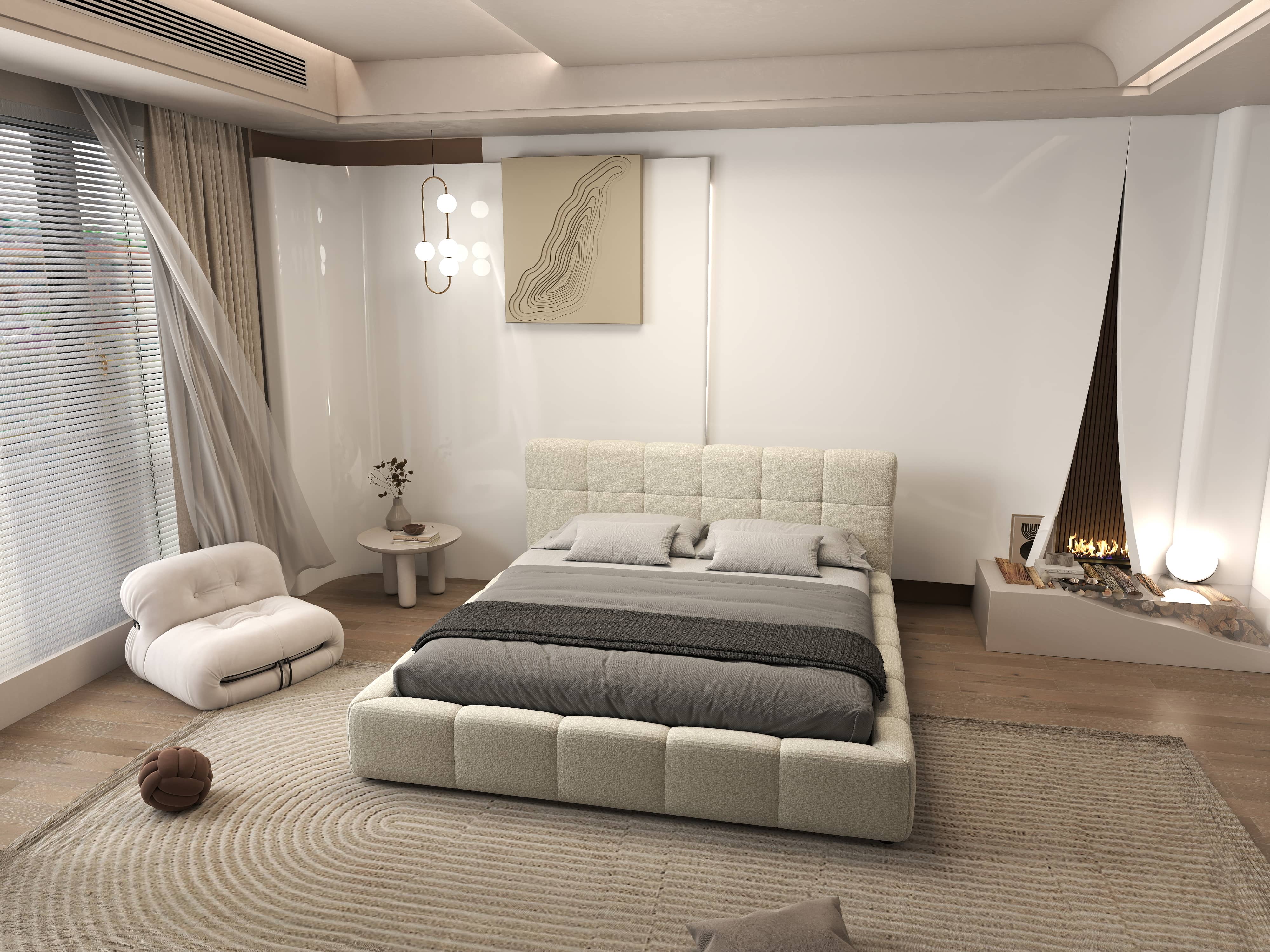 Pat dormitor dumonde, tapitat bej, Lorenzo 140x200 cm, somiera rabatabila inclusa, spatiu depozitare WLS