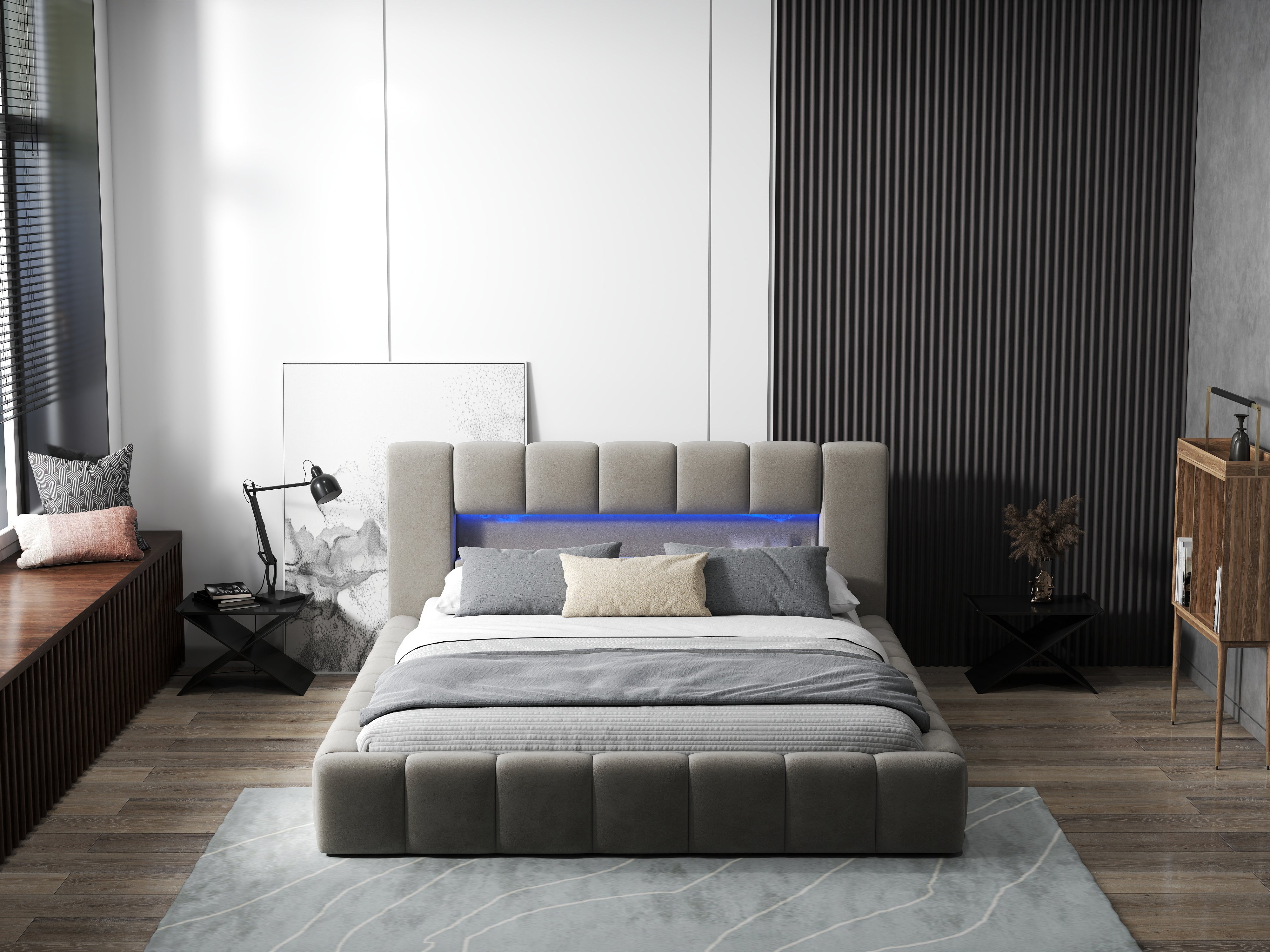 Pat dormitor dumonde, tapitat bej cu LED si USB, Palermo 160x200 cm, somiera rabatabila inclusa, spatiu depozitare WLS