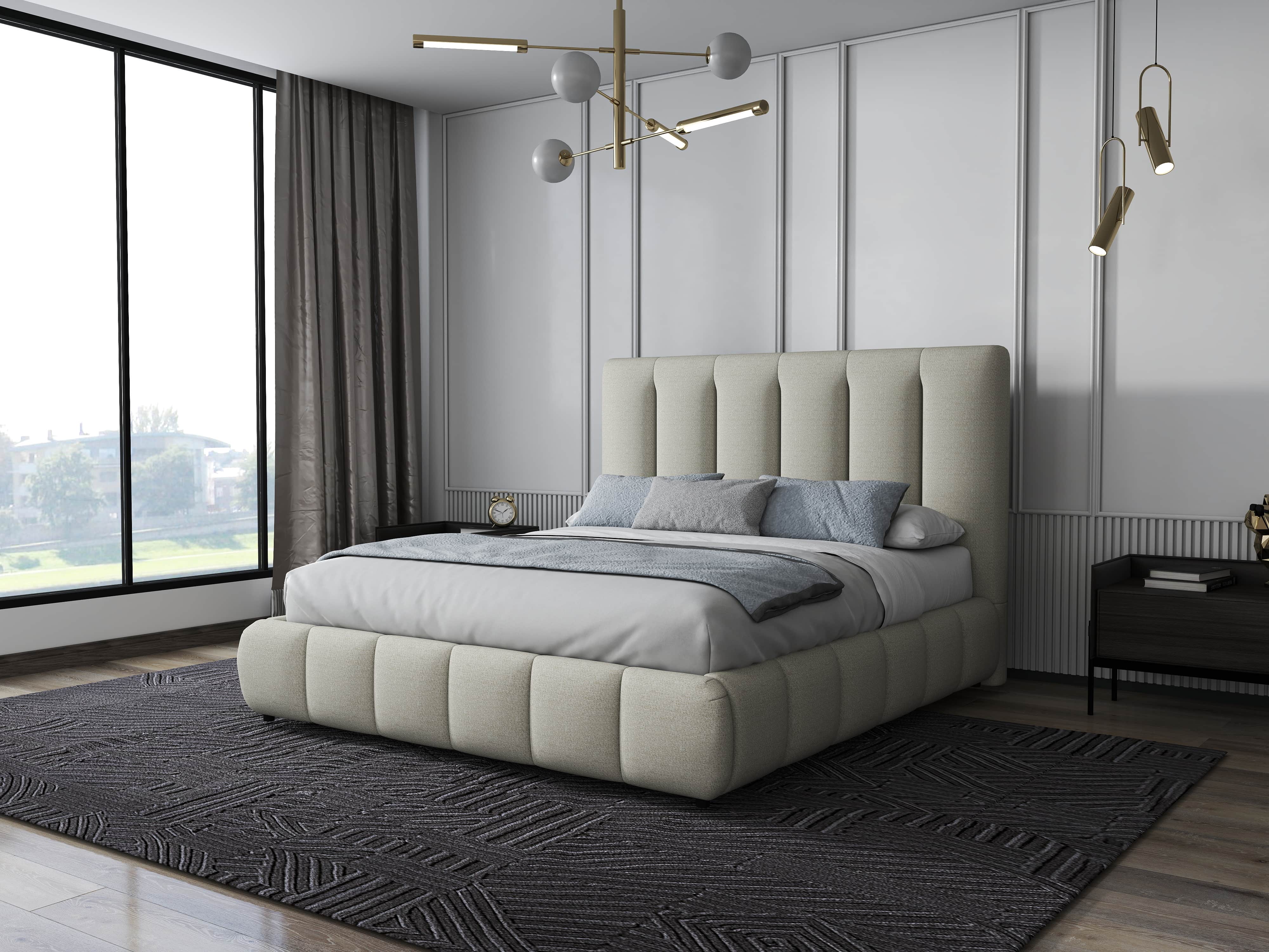 Pat dormitor dumonde, tapitat gri, Divaneo 160x200 cm, somiera rabatabila inclusa, spatiu depozitare WLS