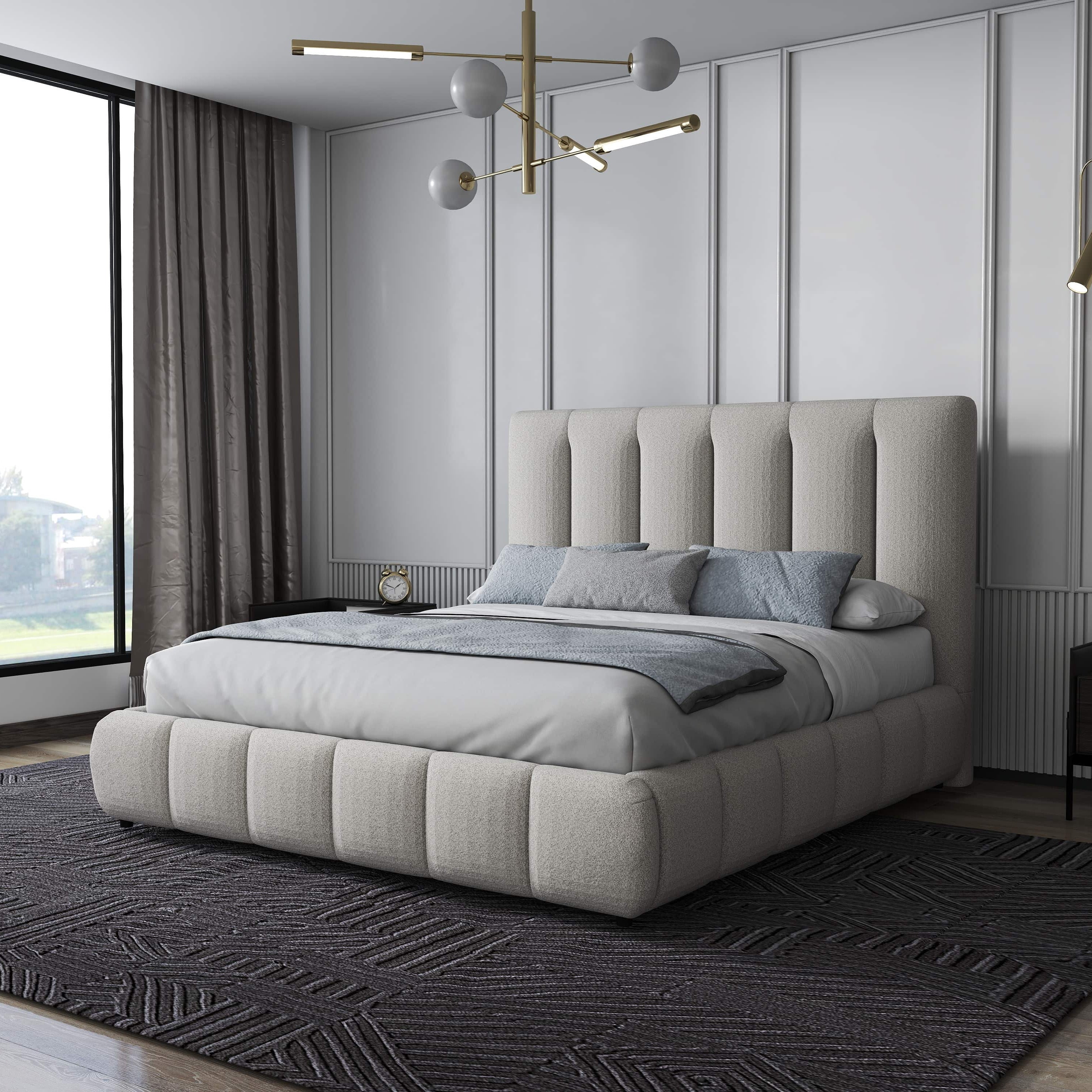 Pat dormitor dumonde, tapitat gri, Divaneo 180x200 cm, somiera rabatabila inclusa, spatiu depozitare WLS