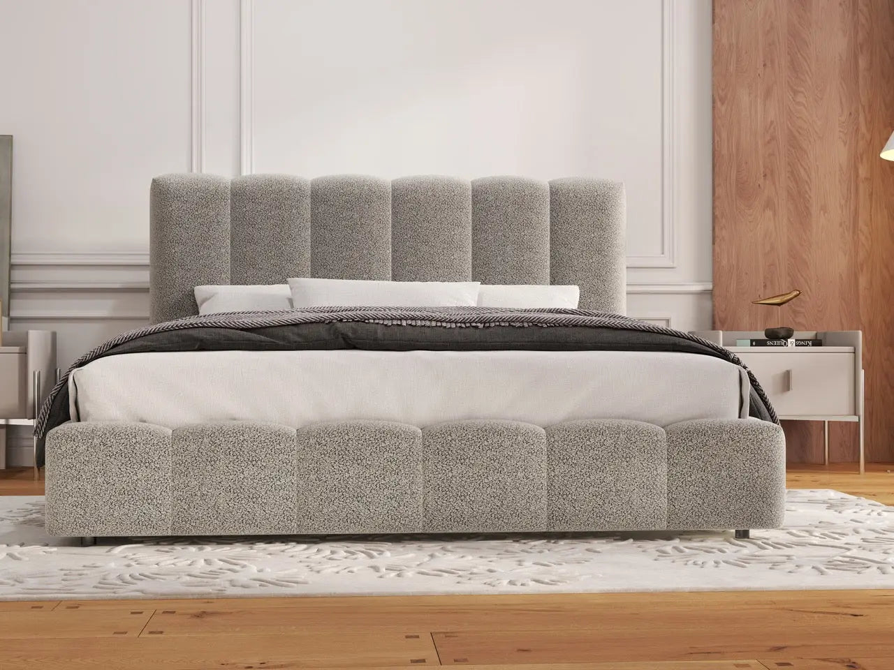 Pat dormitor dumonde, tapitat gri, Milano 140x200 cm, somiera rabatabila inclusa, spatiu depozitare WLS