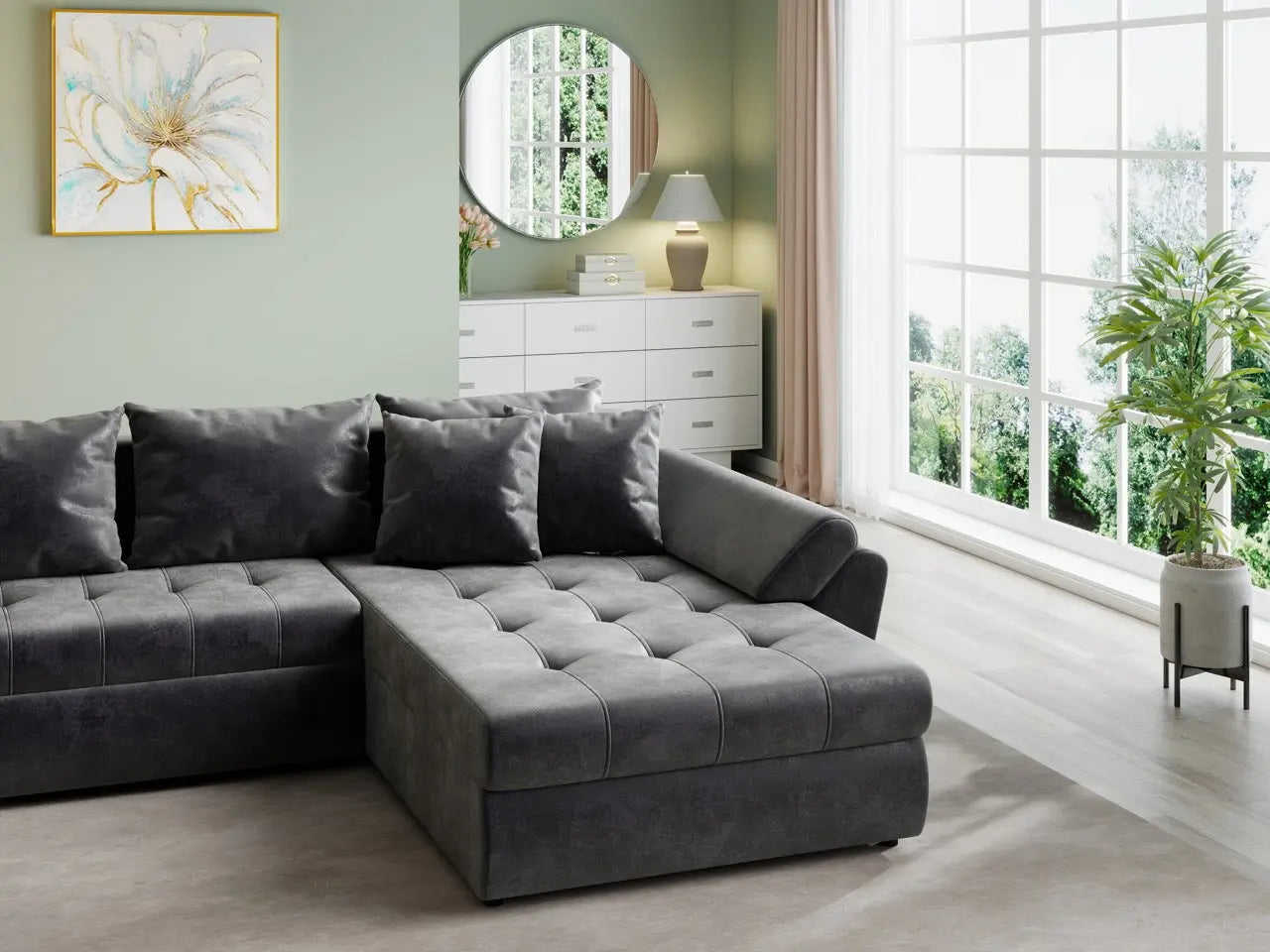 Colțar extensibil dumonde cu ladă de depozitare si sezut confortabil din spuma HR, Loana U Dark Brown 355x185 cm Fabrica