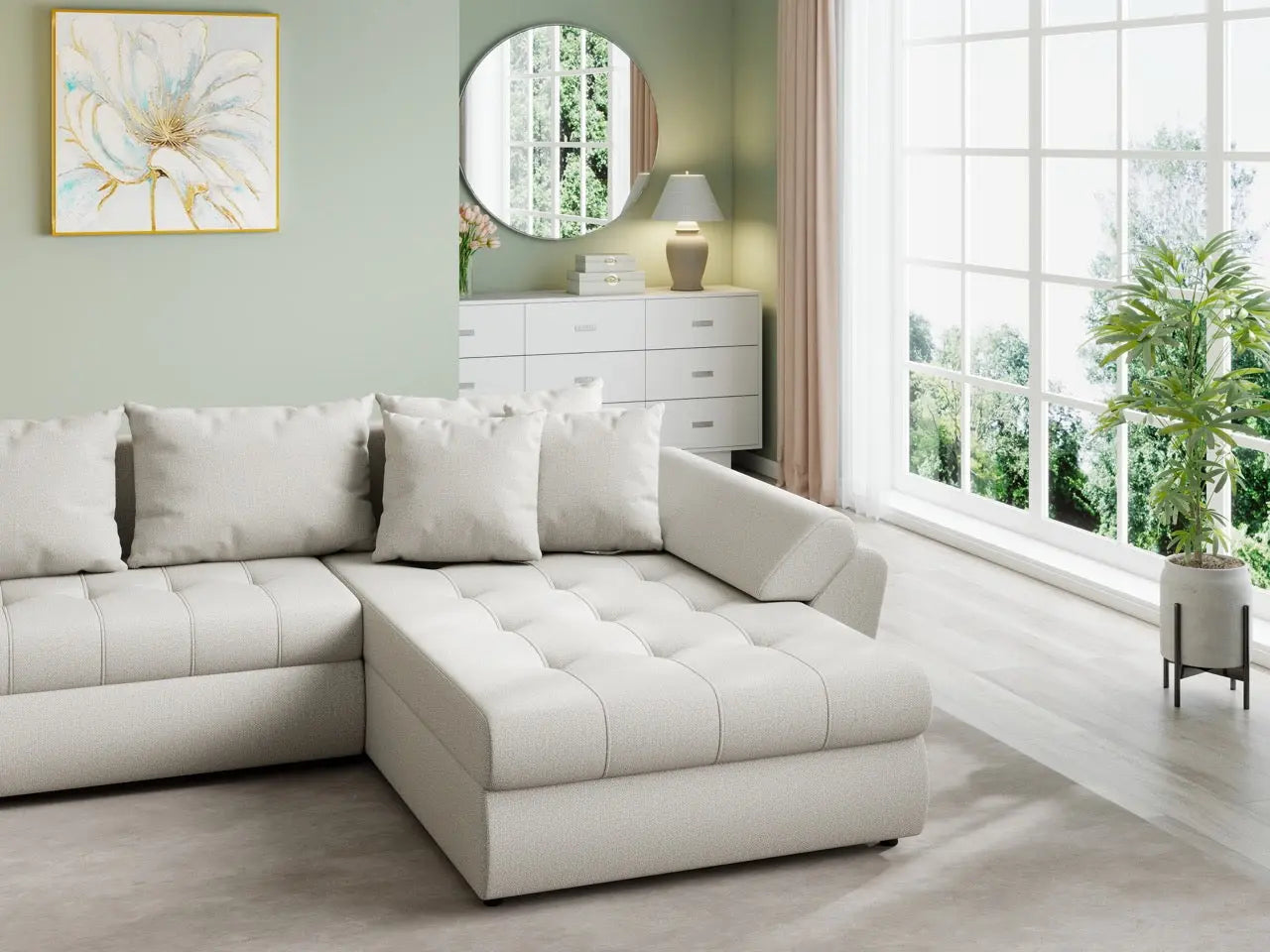 Colțar extensibil dumonde cu ladă de depozitare si sezut confortabil din spuma HR, Loana U Enjoy Bej 355x185 cm Fabrica