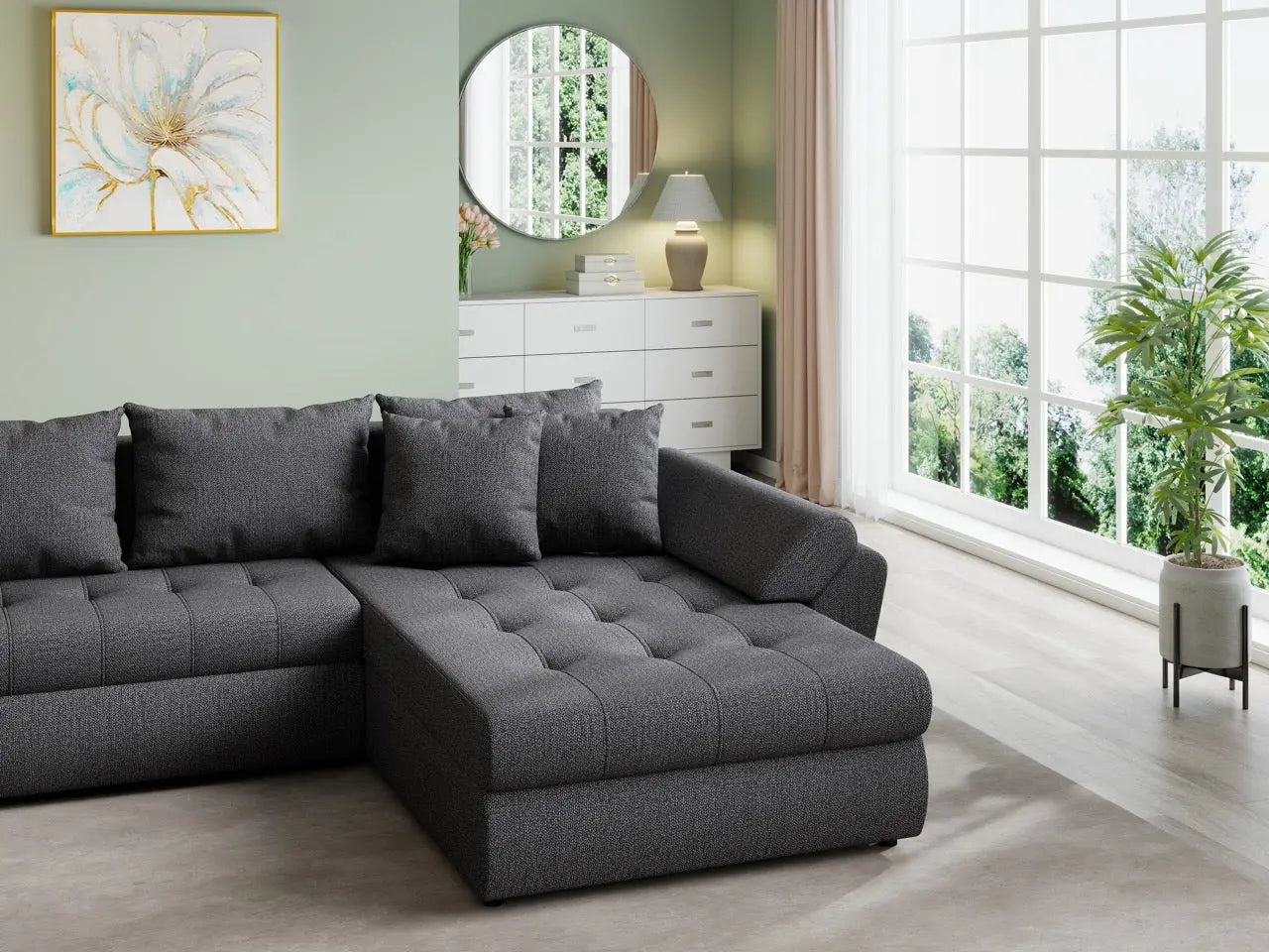 Colțar extensibil dumonde cu ladă de depozitare si sezut confortabil din spuma HR, Loana U Enjoy Grafit 355x185 cm Fabrica