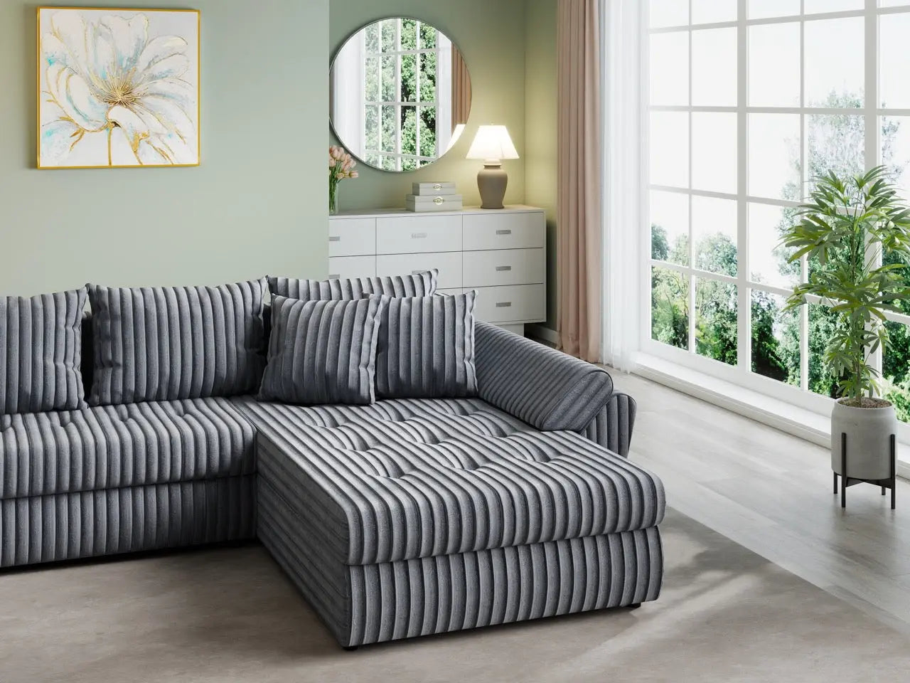 Colțar extensibil dumonde cu ladă de depozitare si sezut confortabil din spuma HR, Loana U Ambience Grey 355x185 cm Fabrica