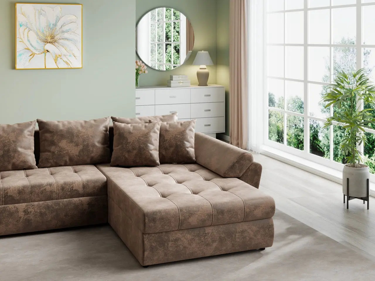 Colțar extensibil dumonde cu ladă de depozitare si sezut confortabil din spuma HR, Loana U Brown 355x185 cm Fabrica