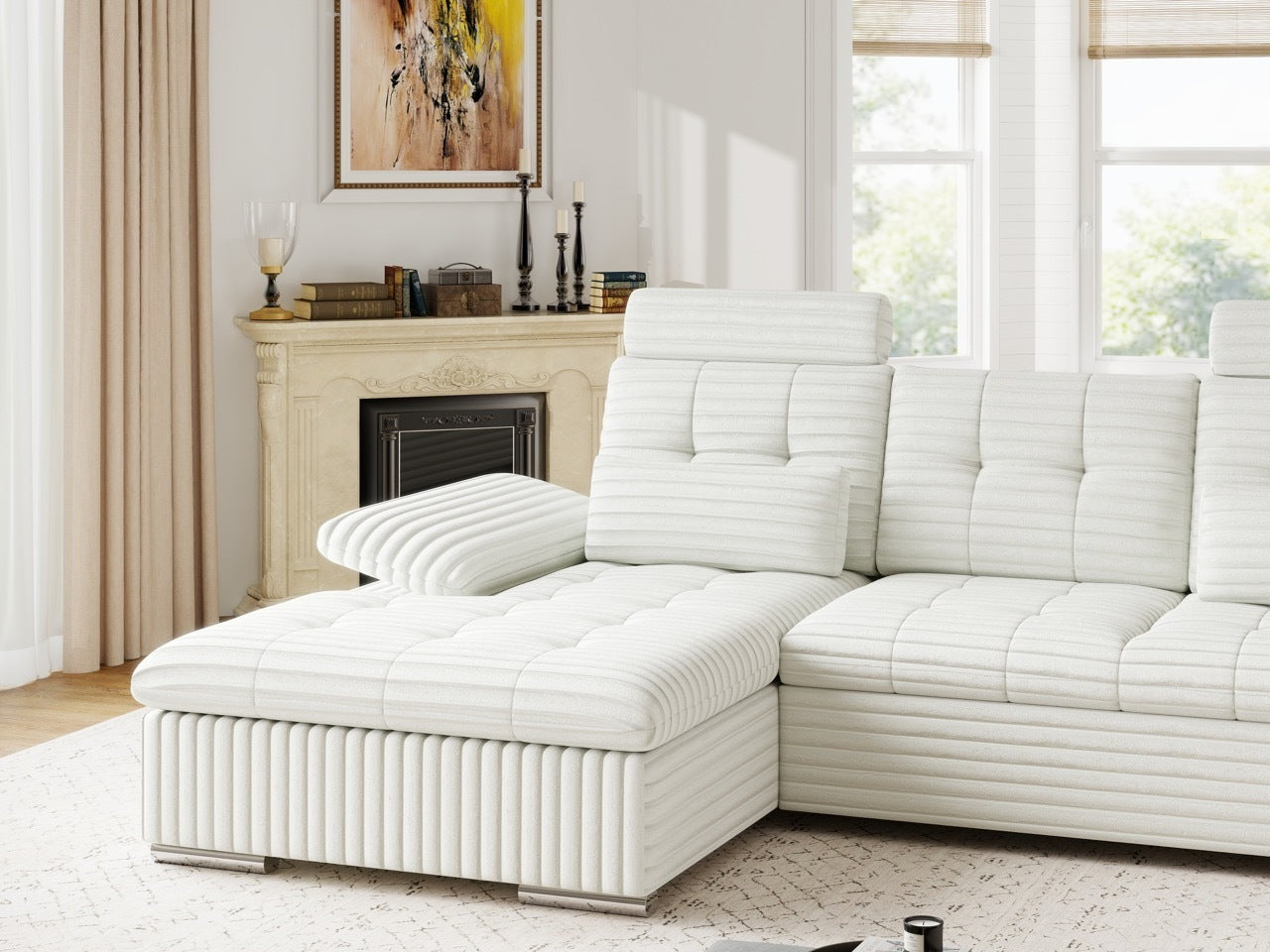 Colțar extensibil dumonde cu ladă de depozitare și șezut confortabil din spumă HR, Merkur Ambience Alb 270x168 cm