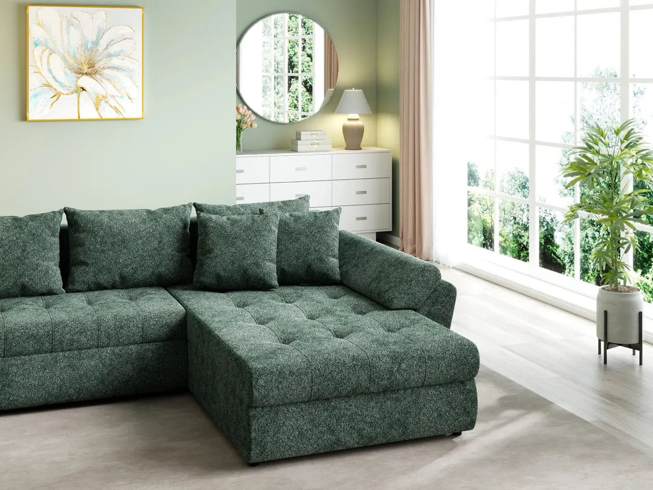 Colțar extensibil dumonde cu ladă de depozitare si sezut confortabil din spuma HR, Loana U Euphoria Green 355x185 cm Fabrica