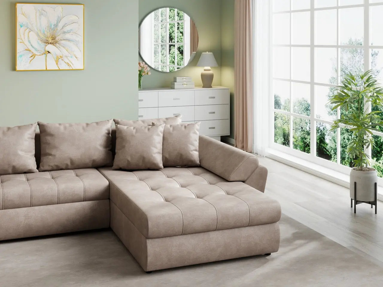 Colțar extensibil dumonde cu ladă de depozitare si sezut confortabil din spuma HR, Loana U Tobago Brown 355x185 cm Fabrica