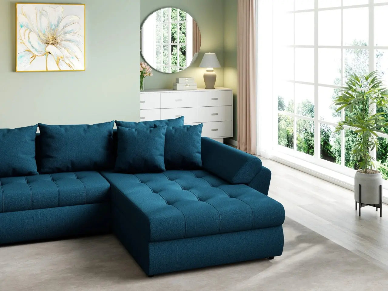 Colțar extensibil dumonde cu ladă de depozitare si sezut confortabil din spuma HR, Loana U Enjoy Petrol 355x185 cm Fabrica