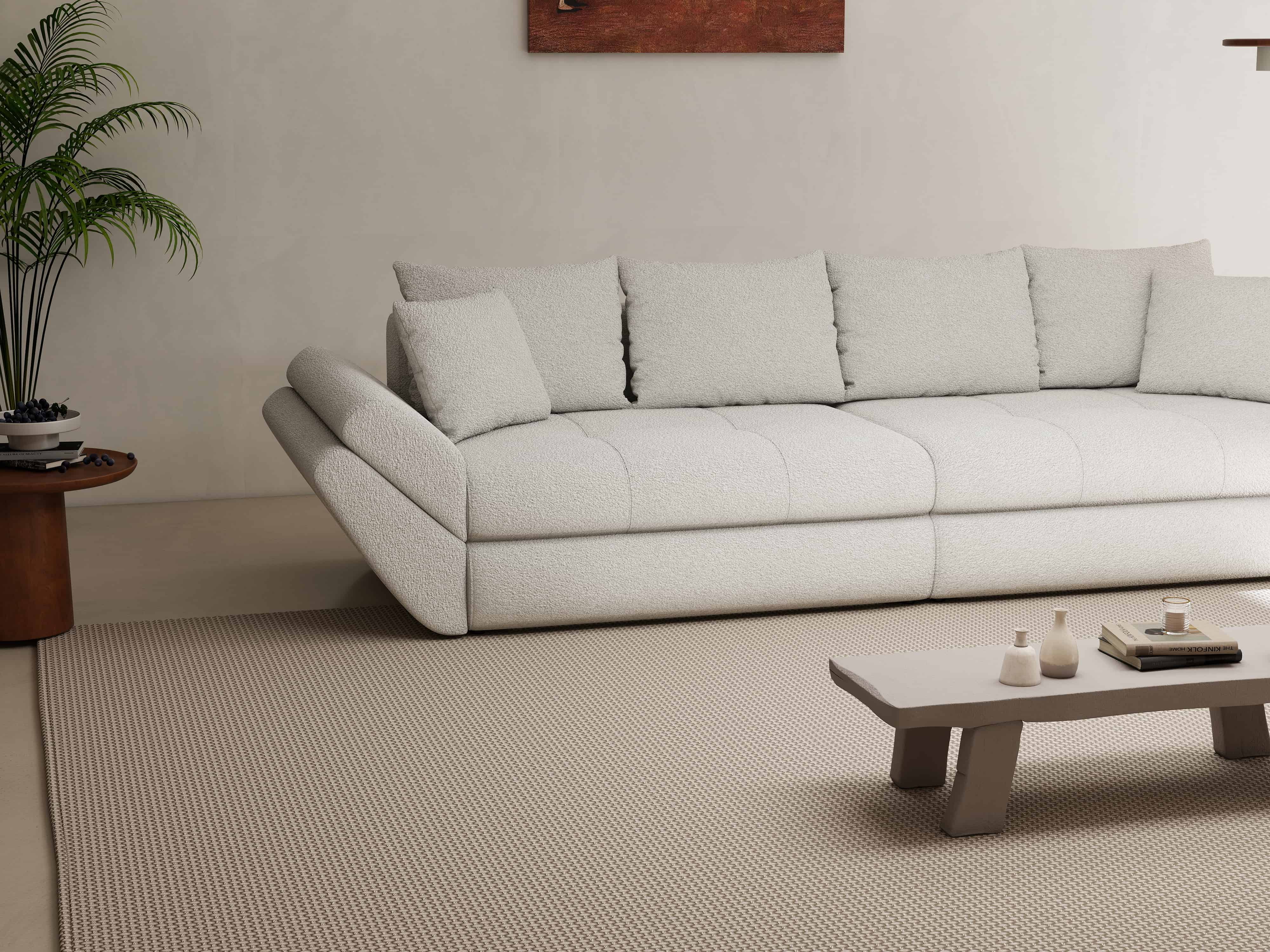 Canapea extensibilă dumonde cu ladă de depozitare si sezut confortabil din spuma HR, Loana Euphoria Ivory 300x100 cm Fabrica
